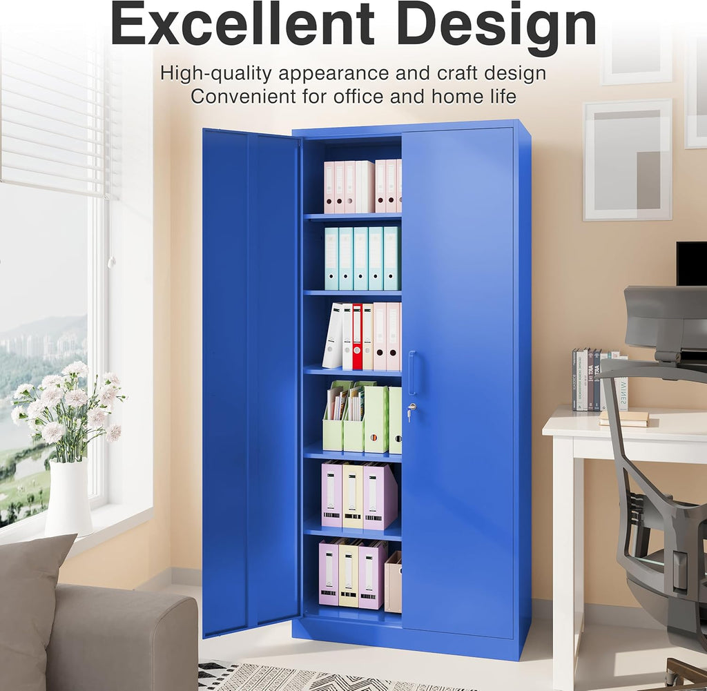 Metal Storage Cabinet with 2 Doors and 6 Shelves, Black Metal Cabinet with Lock, 71 Inch Lockable Garage Storage Cabinet wourant