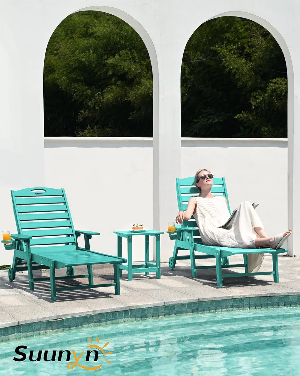 Lounge Chair Outdoor, Chaise Lounge, HDPE 6-Position Outdoor Chaise Lounge, Patio Lounge Chair with Wheels & Cup Holder for Pool Poolside Deck Backyard, Teak wourant