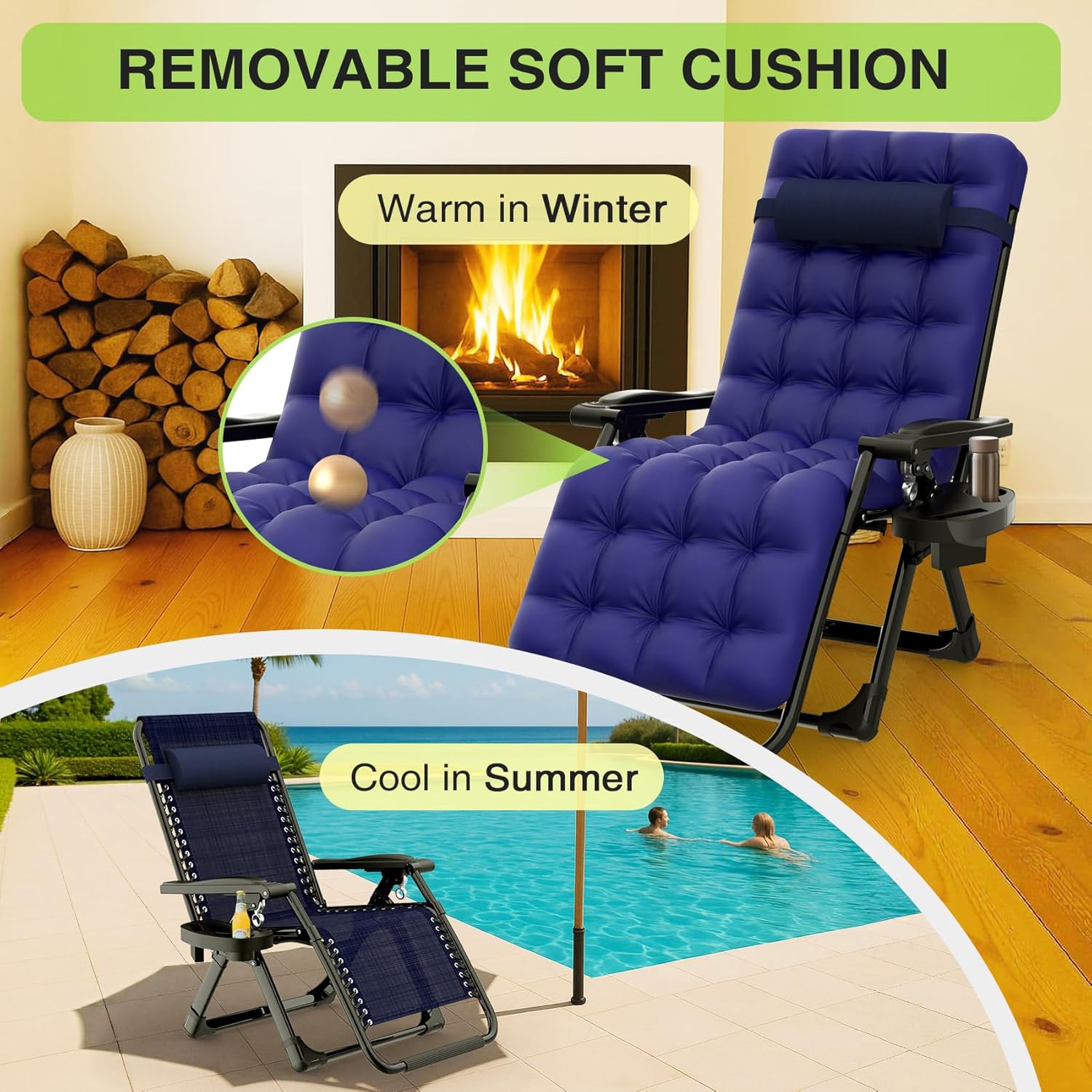 Indoor and outdoor patio chair folding lounge chair zero gravity chair with removable cushion camping lounge chair wourant