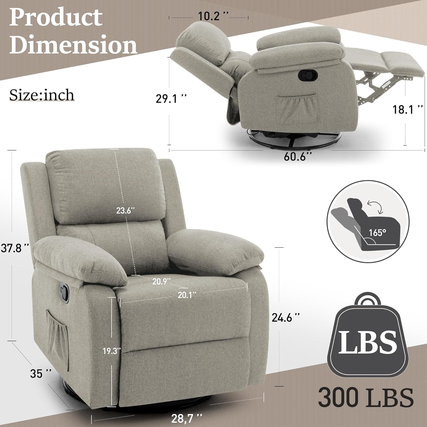 Reclining rocking chair 360 degree rotating fabric sliding reclining chair wourant