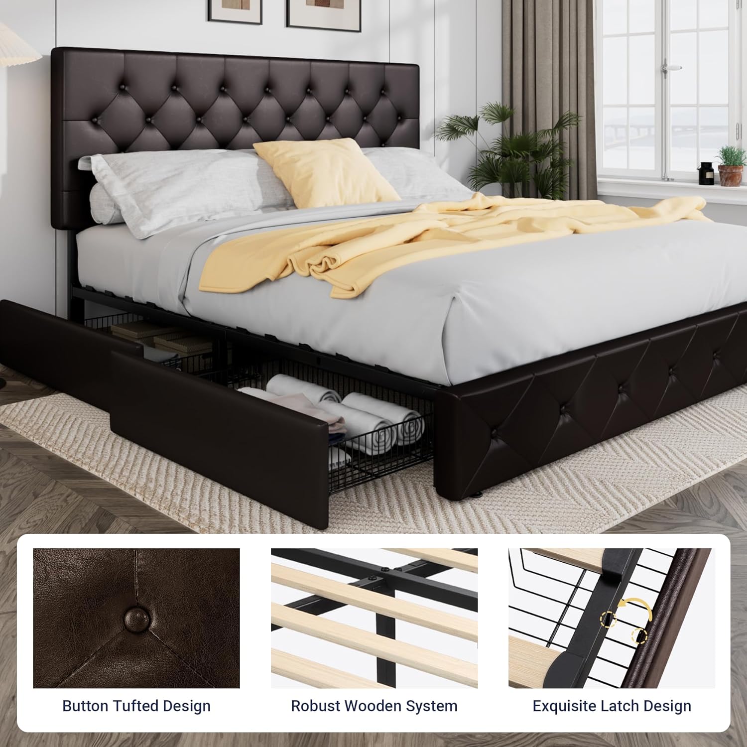 Allewie Upholstered Queen Size Platform Bed Frame with 4 Storage Drawers and Headboard wourant