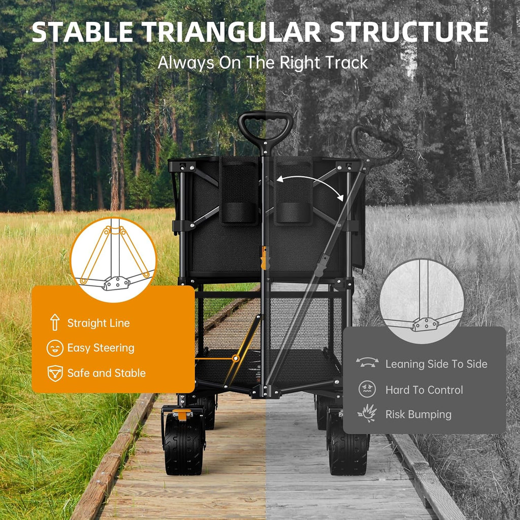 Foldable 50''L Extra Long Double Decker Wagon for Sport, 400L Collapsible Heavy Duty Wagon Cart with Big Wheels, Utility All-Terrain Large Extender Cart for Outdoors wourant