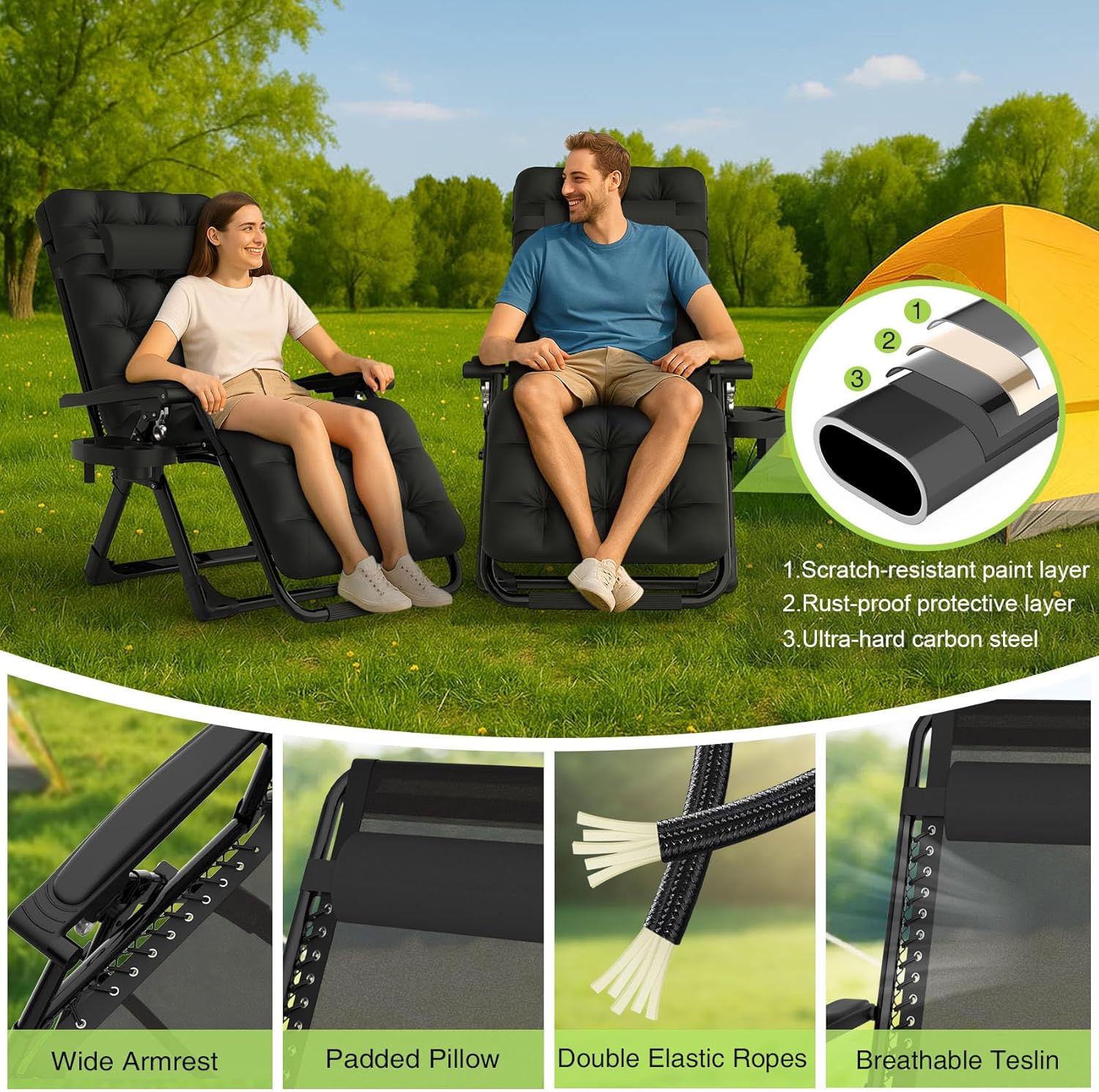 Indoor and outdoor patio chair folding lounge chair zero gravity chair with removable cushion camping lounge chair wourant