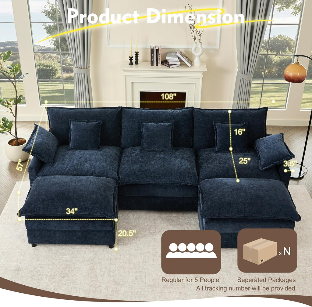 108 Inch U Shape Sofa Sectional Sofa Comfortable Cloud Sofa with Removable Footstool wourant
