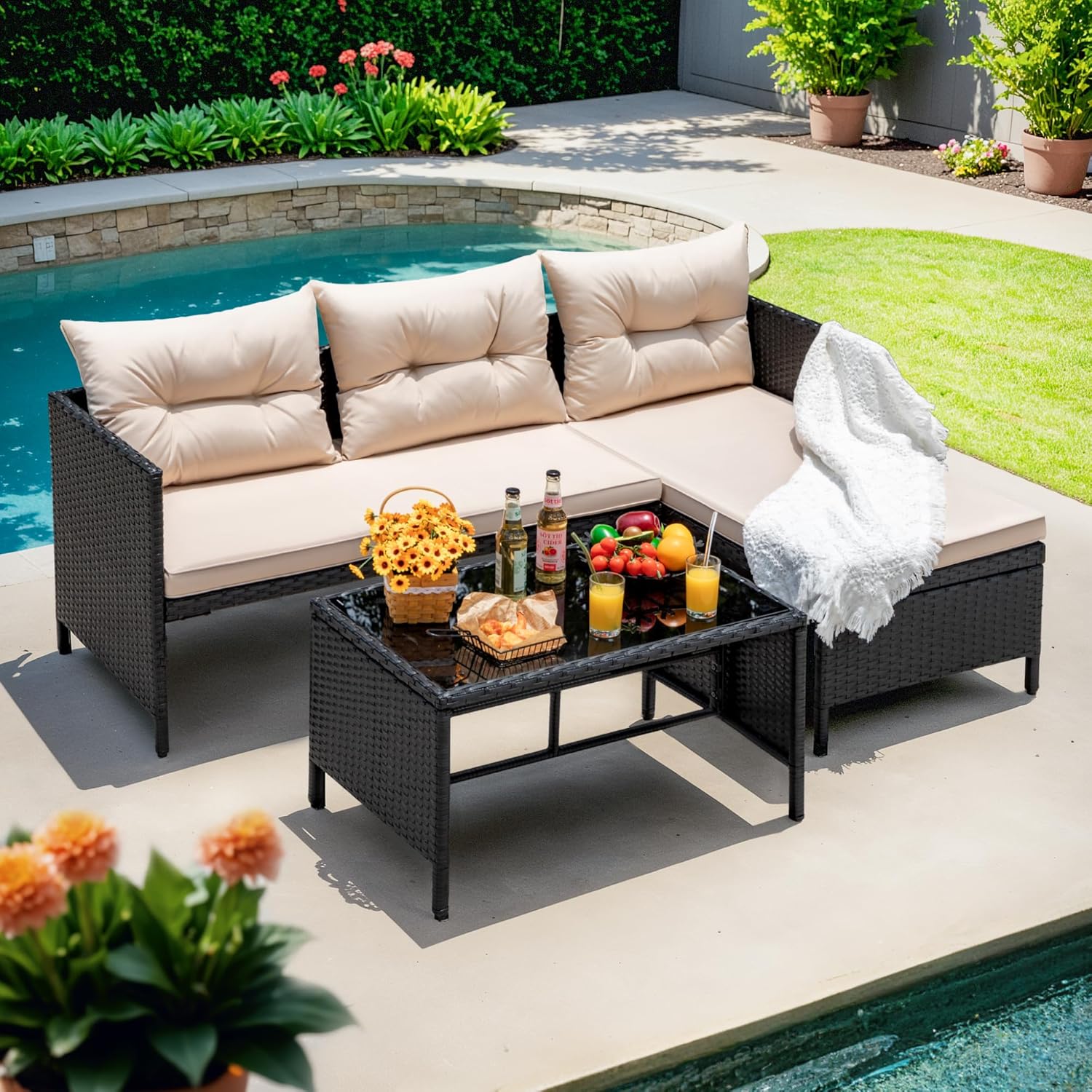 Devoko Outdoor Patio Furniture 3-Piece Rattan Waterproof Outdoor Sectional Sofa All-Weather L Shaped Patio Couch with Cushion Glass Table for Balcony, Garden (Beige) woonhhop