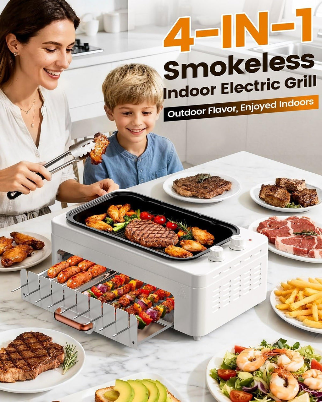 4-in-1 Electric Indoor Grill Smokeless for Home,Countertop Electric Grill with Removable Sizzling Grill Pan & Grate + Auto Rotating Kabob Skewers + Electric Hot Dog Roller Dual Zone Cook with Lid woonhhop