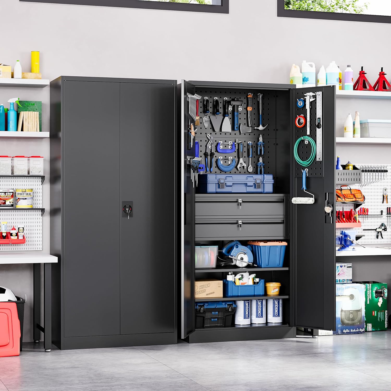Yizosh Metal Garage Storage Cabinet with Locking Doors and 2 Drawers, Heavy Duty Steel Tool Cabinet with Pegboard, 71" - Lockable Cabinets wourant