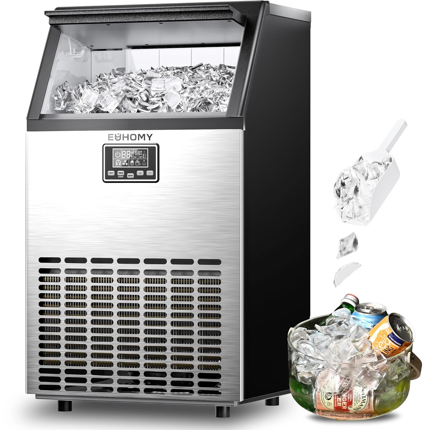 EUHOMY Commercial Ice Maker Machine, 100lbs/24H Stainless Steel Under Counter ice Machine with 33lbs Ice Storage Capacity, Freestanding Ice Maker. wourant