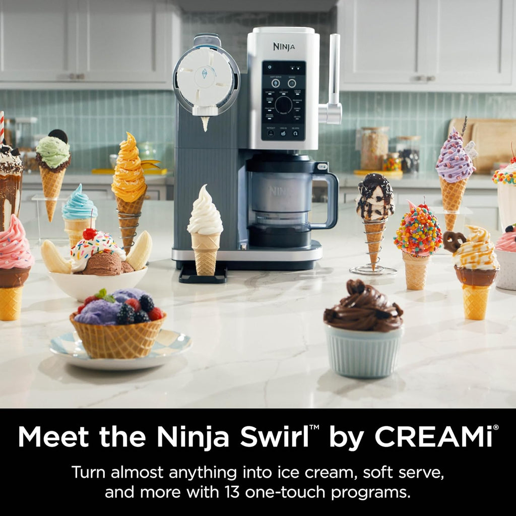 Ninja Swirl by CREAMi Ice Cream and Soft Serve Maker, Sorbet, Milkshake, Frozen Yogurt, Low Calories Program & More, 13-in-1, Soft Serve Handle, (2) CREAMi Swirl 16oz Pints, For Kids & ALL ages, NC701 wourant