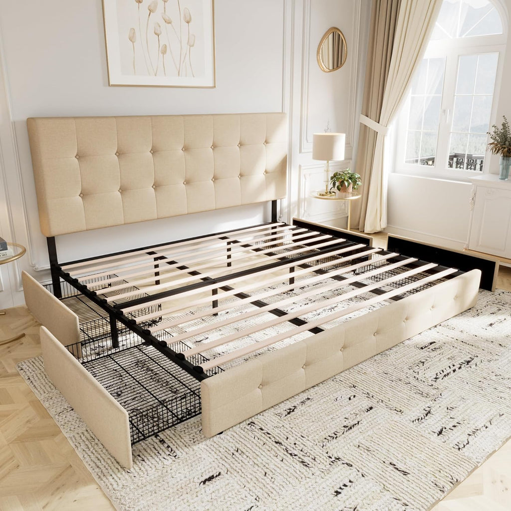 Allewie Upholstered Queen Size Platform Bed Frame with 4 Storage Drawers and Headboard wourant