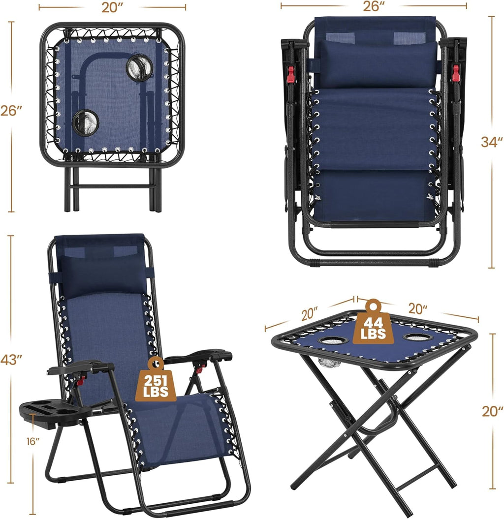 3PCS Zero Gravity Recliner Portable Outdoor Reclining Chair Set w/Side Table Folding Chaise Lounge Chairs wourant