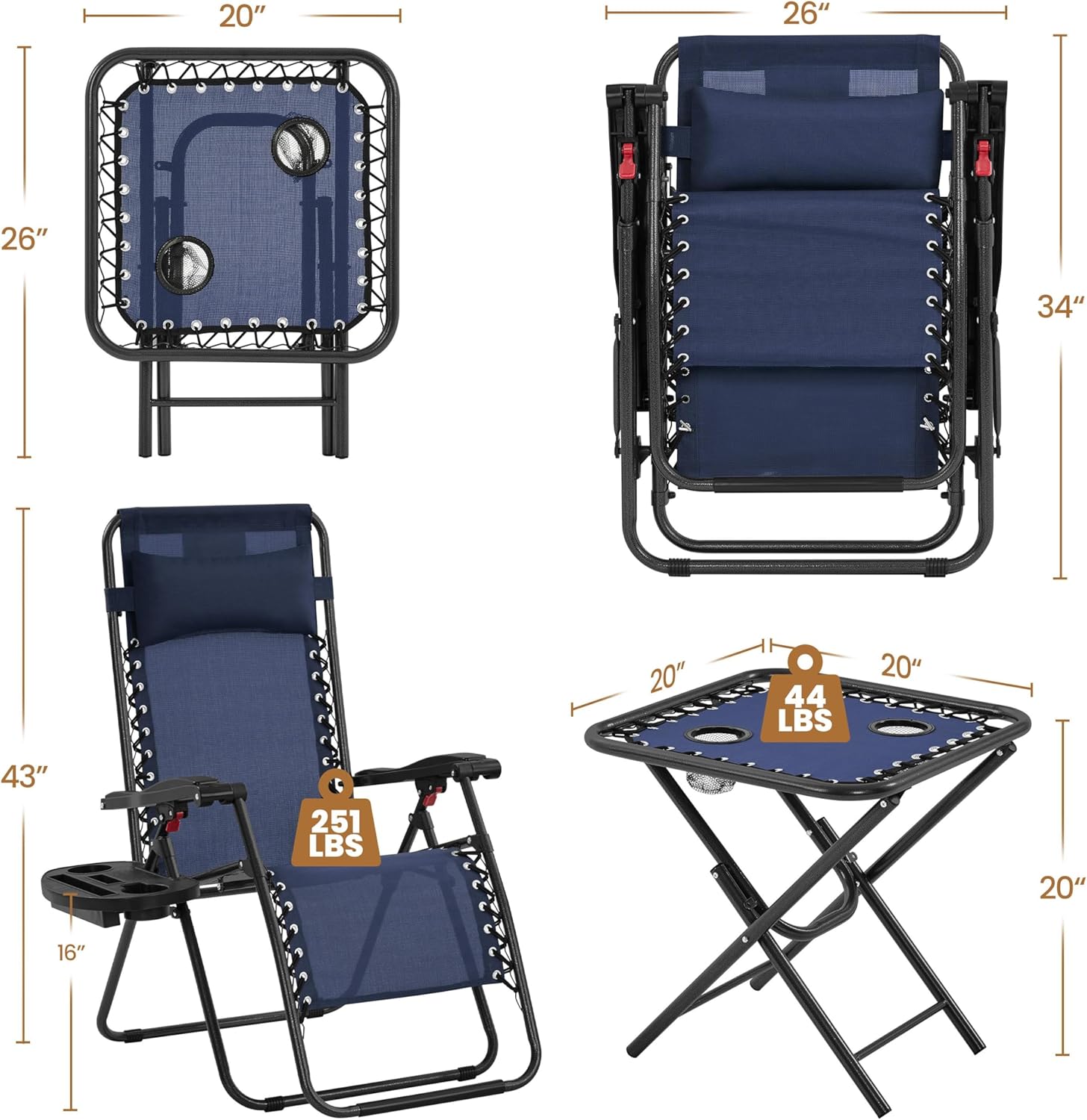 3PCS Zero Gravity Recliner Portable Outdoor Reclining Chair Set w/Side Table Folding Chaise Lounge Chairs wourant