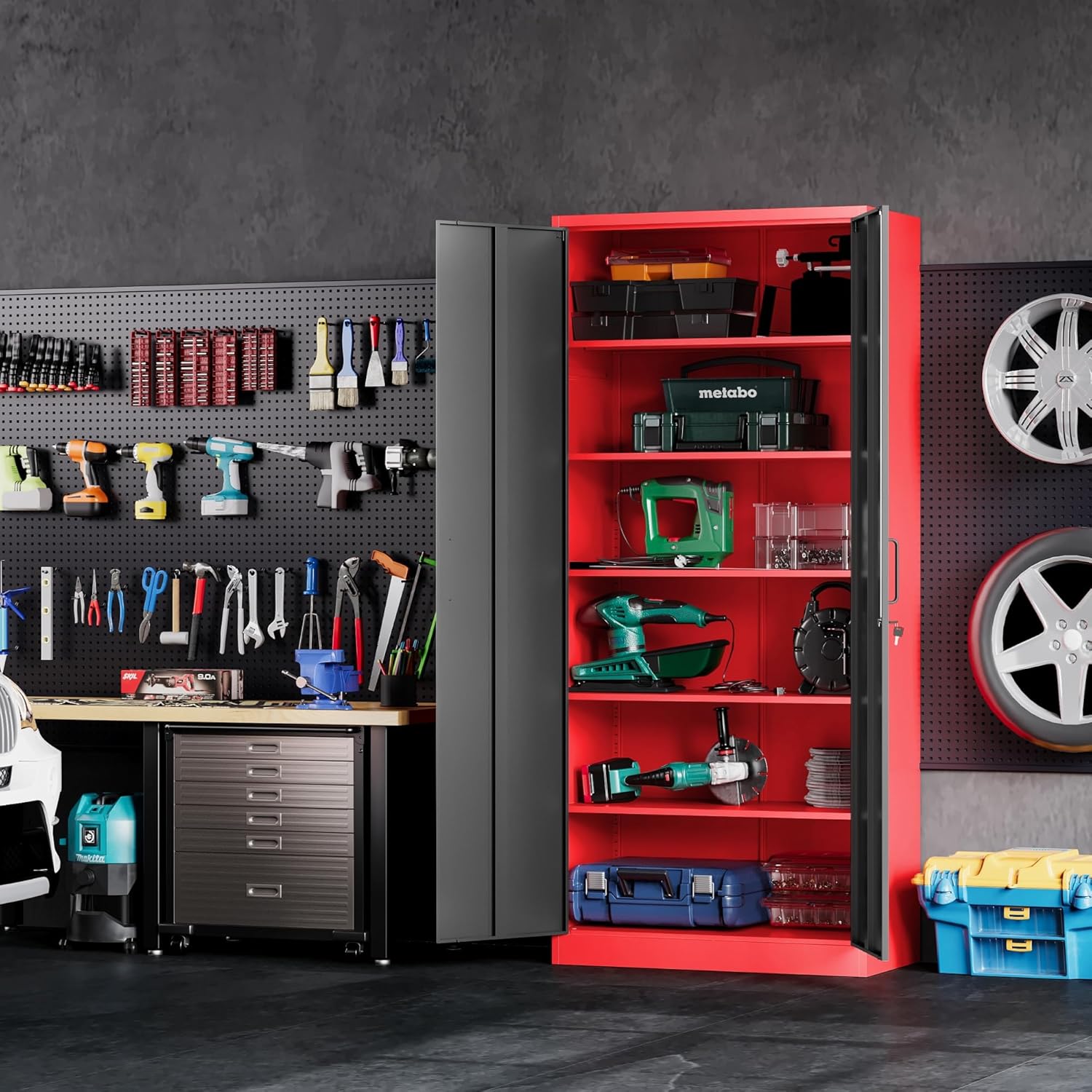 Metal Storage Cabinet with 2 Doors and 6 Shelves, Black Metal Cabinet with Lock, 71 Inch Lockable Garage Storage Cabinet wourant