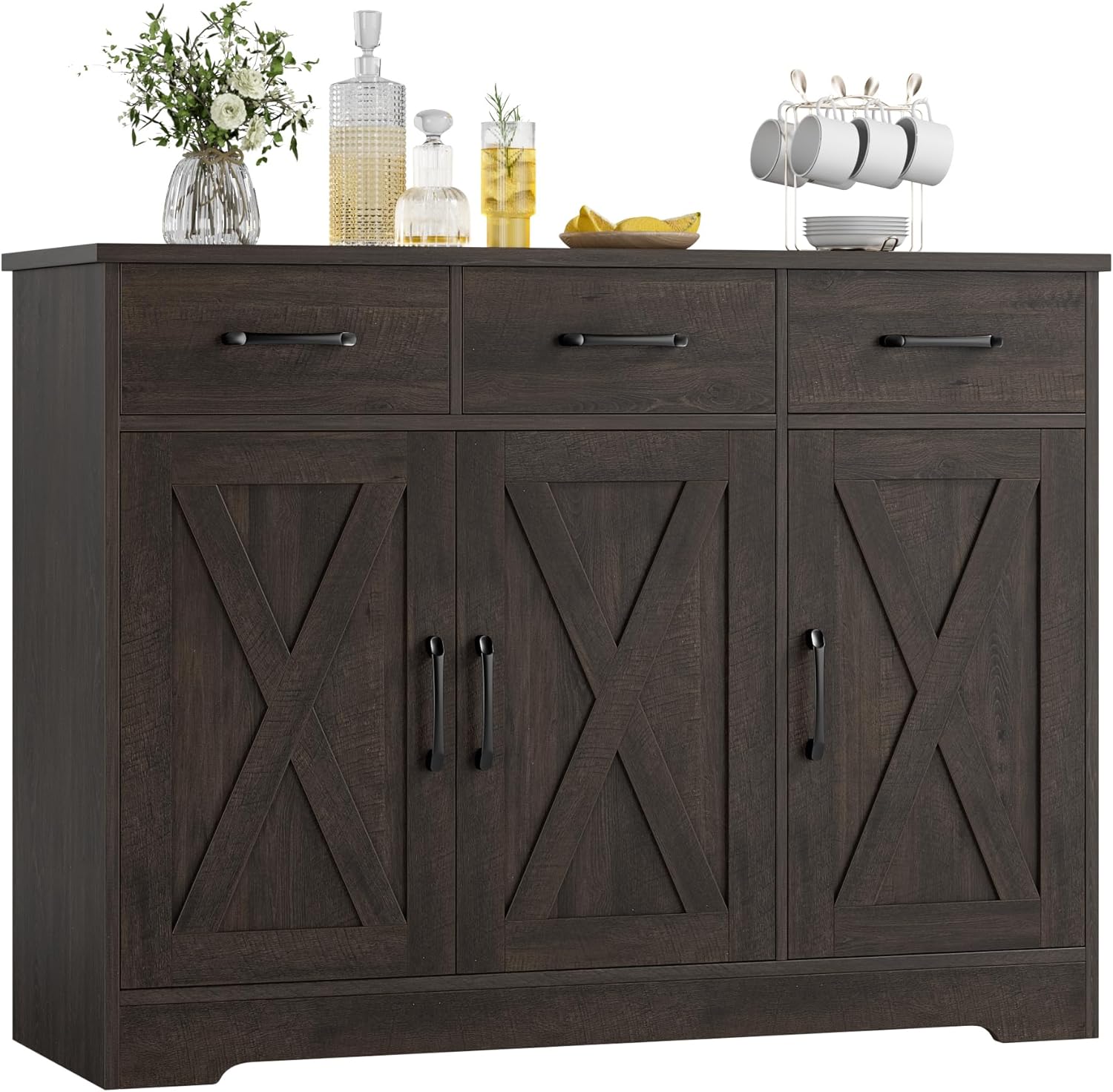 Modern farmhouse sideboard, barn door buffet storage cabinet with drawers and shelves, wooden coffee bar with storage wourant