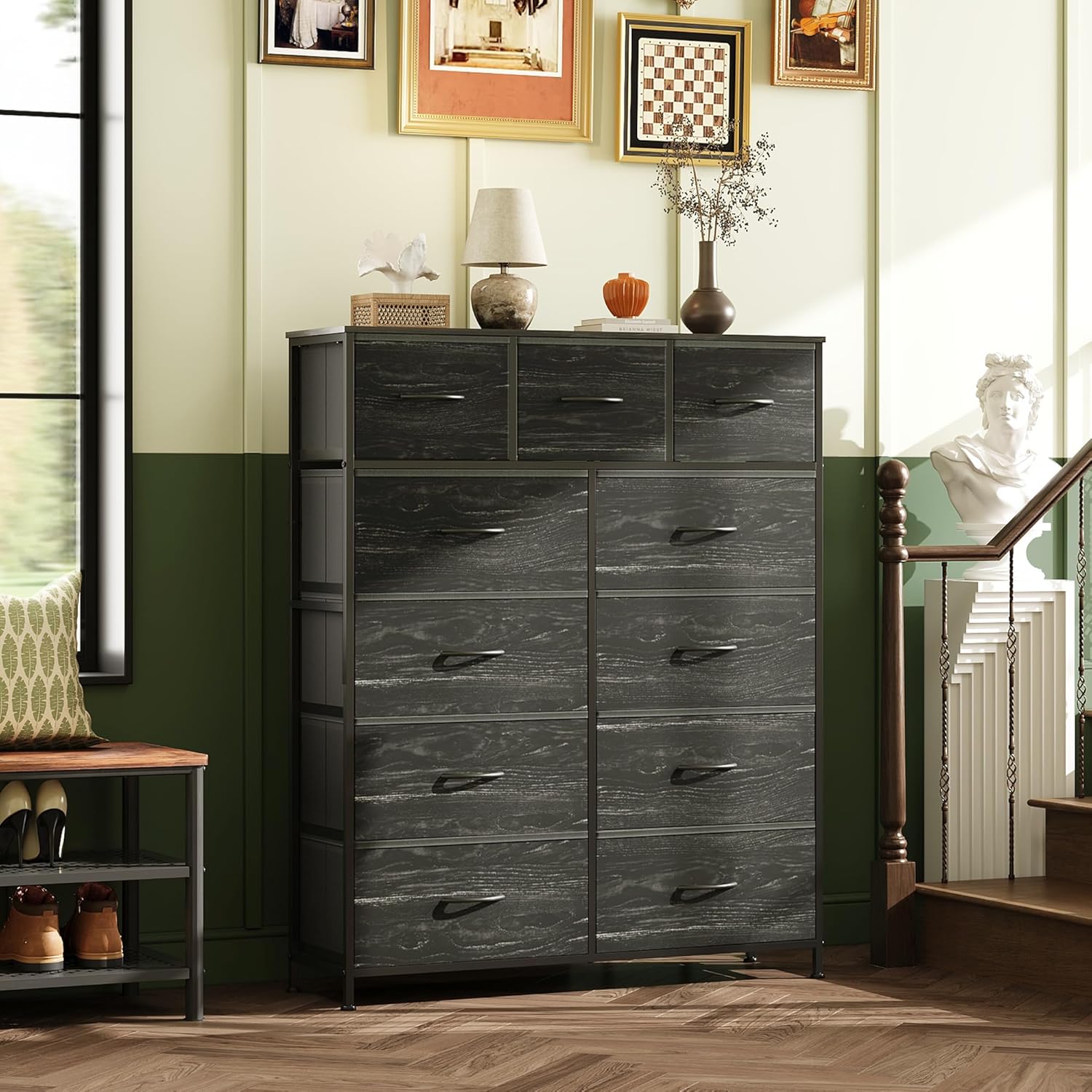 Storage Organizer Unit with 11 Fabric Bins, Storage Drawers Organizer with Steel Frame, Tall Storage Tower Organizaton wourant
