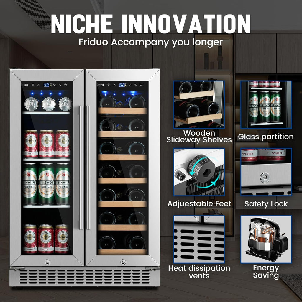 24 inch Dual Zone Beverage Refrigerator, 30 Bottles & 82 Cans Wine Fridge Built-in or Freestanding with Glass Door, Wine and Beverage Refrigerator Cooler for Kitchen Home Bar wourant