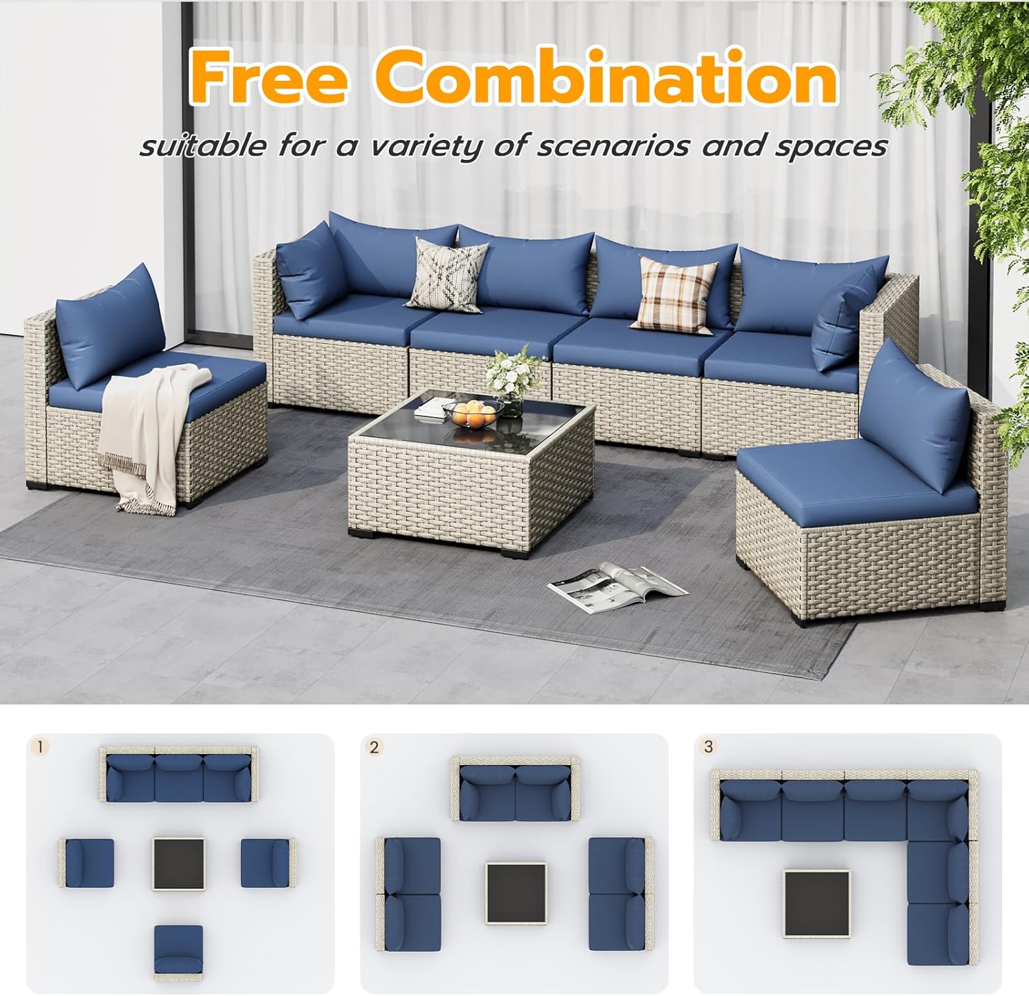 UDPATIO Outdoor Patio Furniture Set, 7-Piece PE Wicker Sectional Sofa with Tea Table, Outdoor Conversation Set wourant