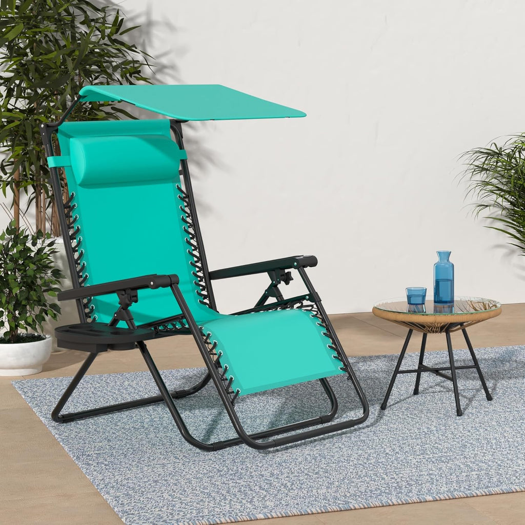 Best Choice Products Folding Zero Gravity Outdoor Recliner Patio Lounge Chair w/Adjustable Canopy Shade, Headrest, Side Accessory Tray, Textilene Mesh - Peacock Blue wourant