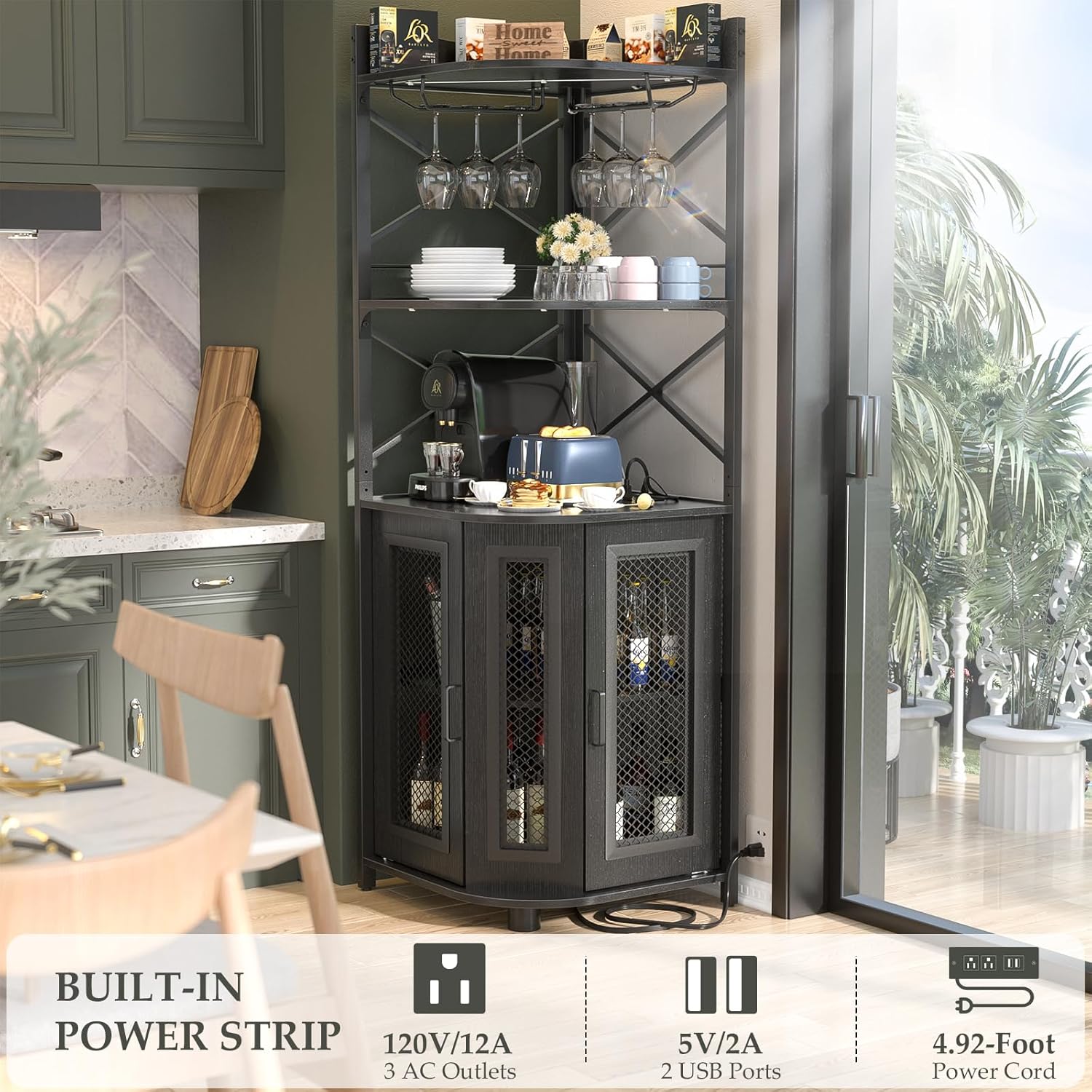 Corner bar cabinet with power socket, industrial style wine cabinet with LED light strip and glass rack, home five-layer wine cabinet bar unit, small space corner display cabinet wourant