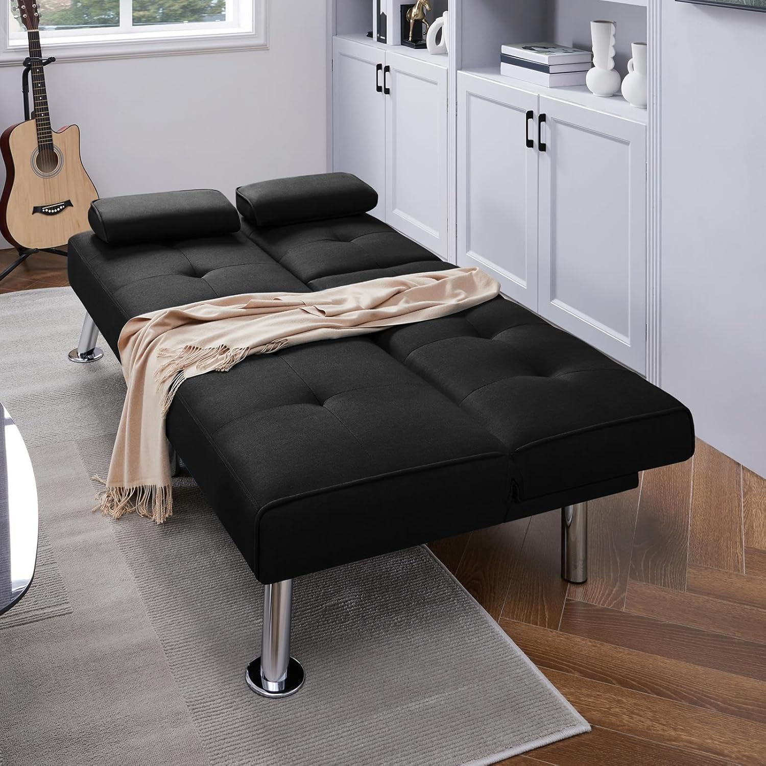 Yaheetech Convertible Sofa Bed Adjustable Couch Sleeper Modern Faux Leather Home Recliner Reversible Loveseat Folding Daybed Guest Bed, Removable Armrests, Cup Holders, 3 Angles, 772lb Capacity, Brown wourant