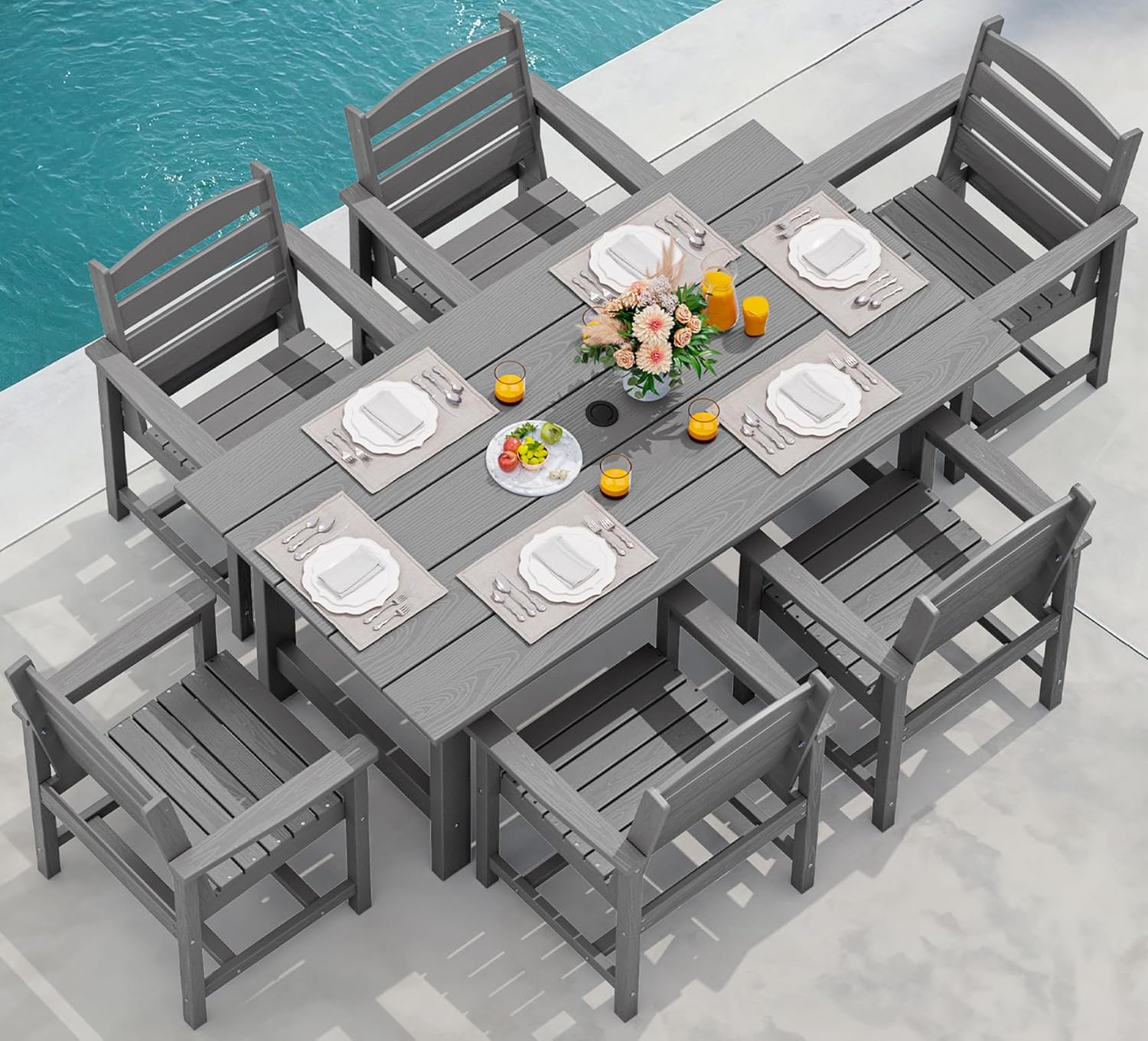Outdoor HDPE Dining Table Set, 7-Piece Outdoor Dining Table Sets with Umbrella Hole Cut-Out Table and 6 Chairs wourant