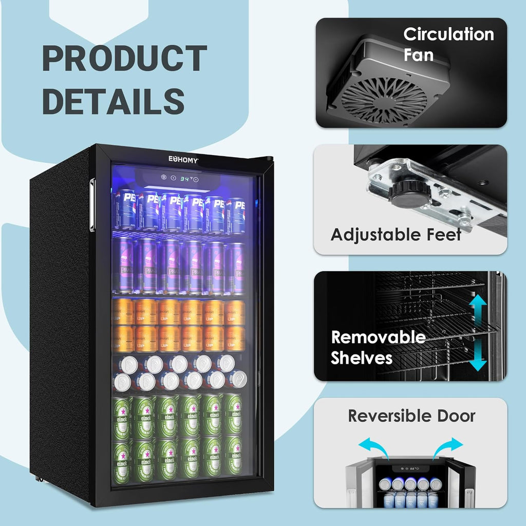 EUHOMY Beverage Refrigerator Cooler, 130 Can Mini Fridge with Glass Door for Soda Beer or Wine, Beverage Cooler for Home, Office, Bar with Adjustable Removable Shelves, Silver wourant