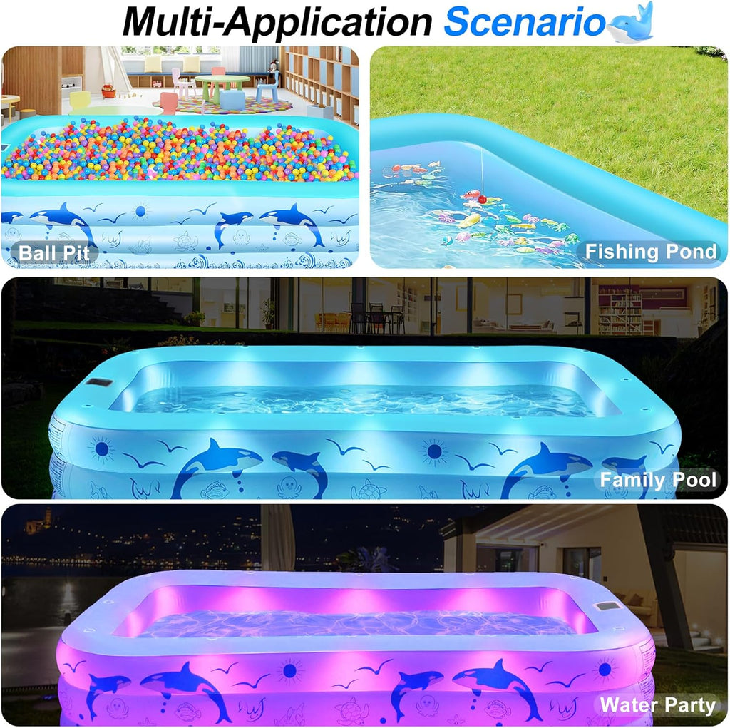 2026 Upgrade Inflatable Pools with Lights, Inflatable Swimming Pools for Adults, Blow Up Pool Solar, Large Pool, Durable Thickened Inflatable Pool for Backyard- Light Blue woonhhop