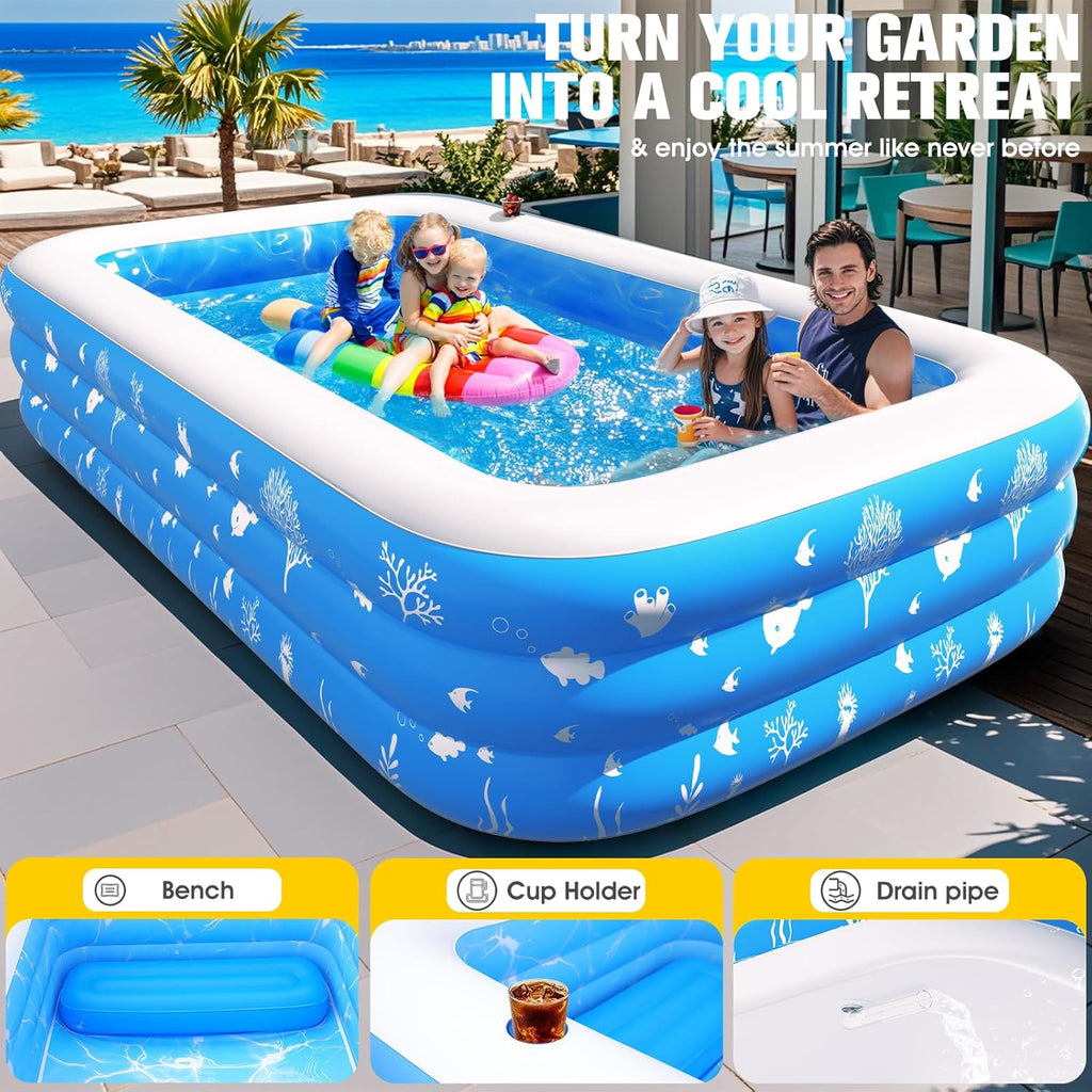 Inflatable Pool with Seat and Pool Lights, Durable Thickened Large Size Family Inflatable Pools for Adults Blow Up Pools,105" x 65" x 25"Swimming Inflatable Kids PooI for Backyard,Outdoor (White) wourant