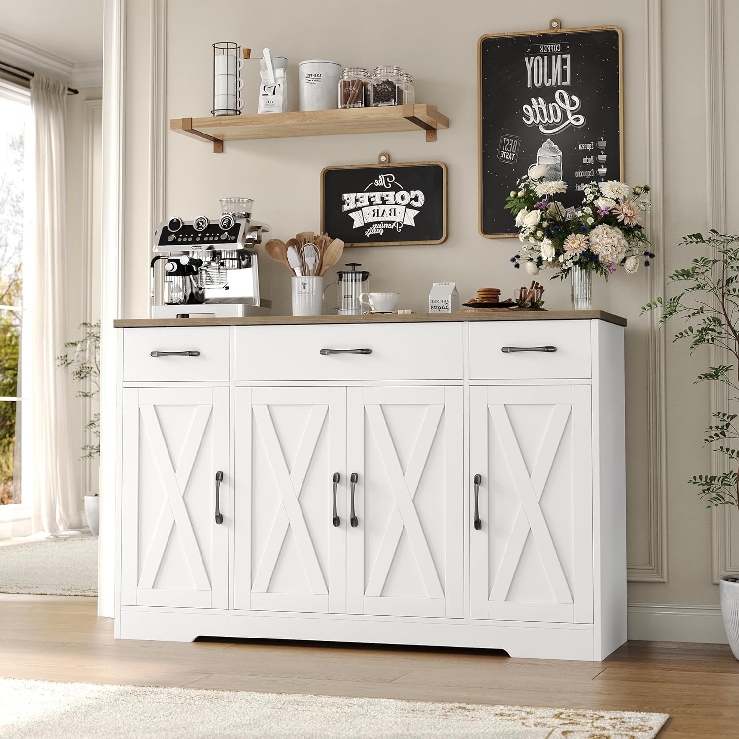 HOSTACK Buffet Cabinet with Drawers, 55" Large Sideboard Buffet Storage Cabinet with Shelves and Doors, Modern Farmhouse Coffee Bar Station Wood Kitchen Table for Kitchen, Dining Room, White/Rustic wourant