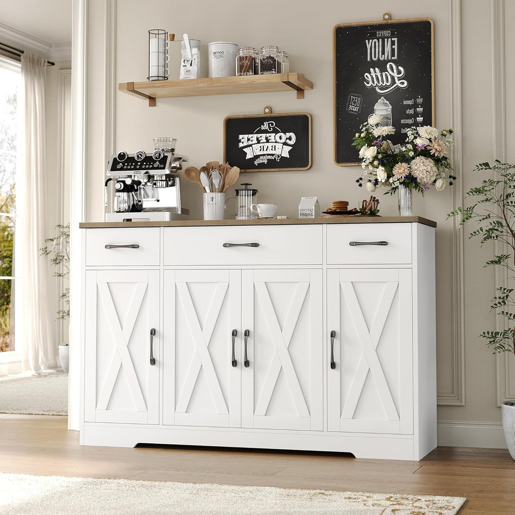 Sideboard with drawers, large 55-inch sideboard, sideboard storage with shelves and doors, modern farmhouse coffee bar wood kitchen dining table wourant
