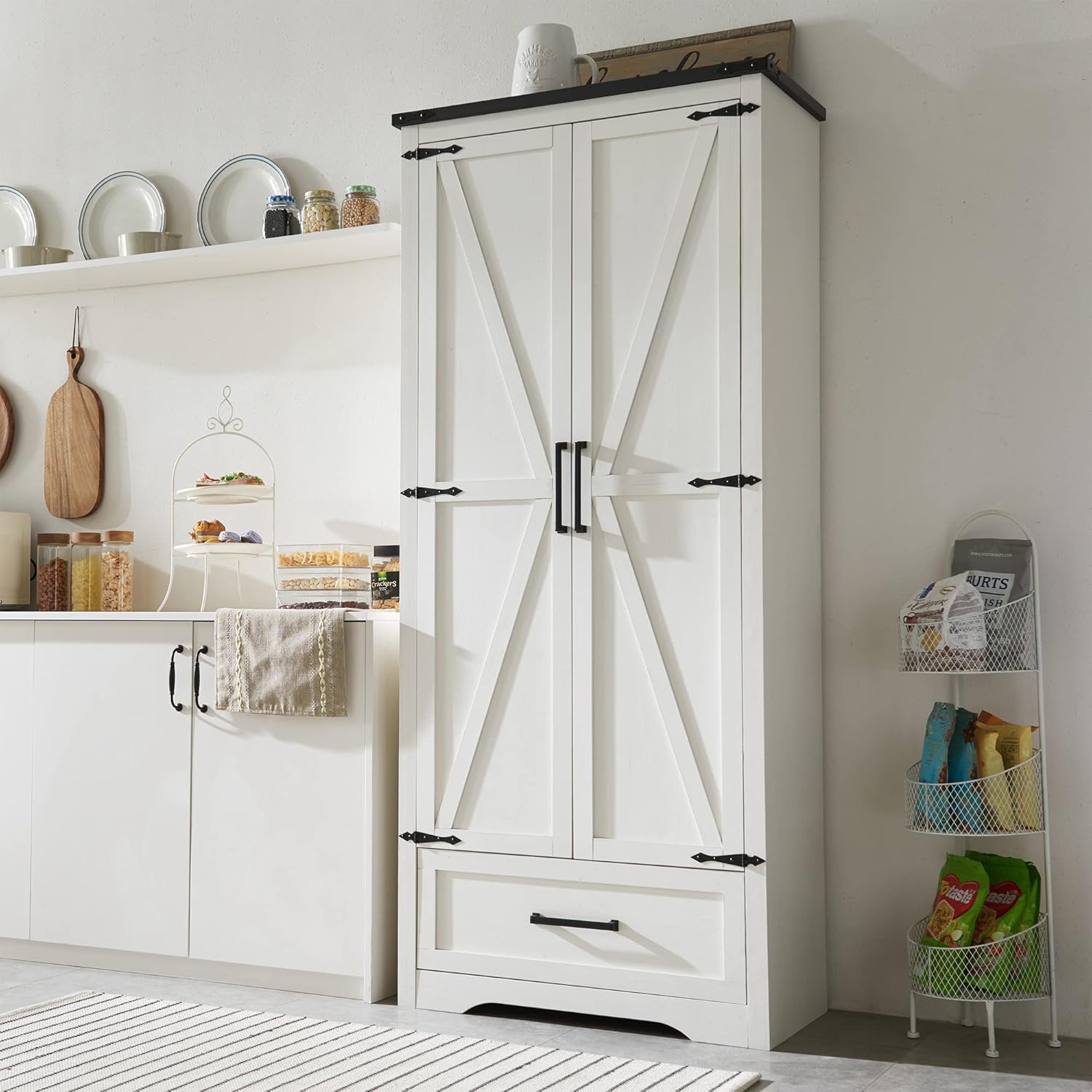 JXQTLINGMU Farmhouse Kitchen Pantry Cabinet - 72" Tall Wood Kitchen Storage Cabinets with Adjustable Shelves & 2 Barn Style Doors & Drawer, Versatile Storage for Dining Room, Bathroom, Antique White wourant