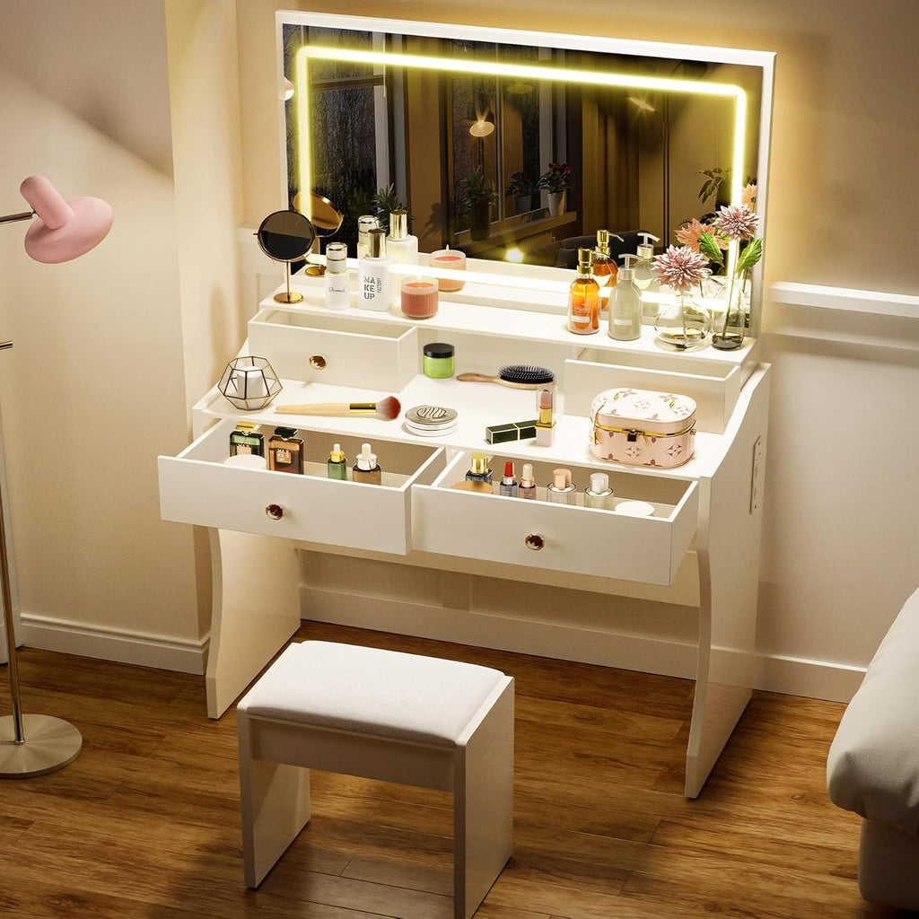 COMHOMA Makeup Vanity Desk with Mirror and Lights, Vanity Table and Chair Set wourant