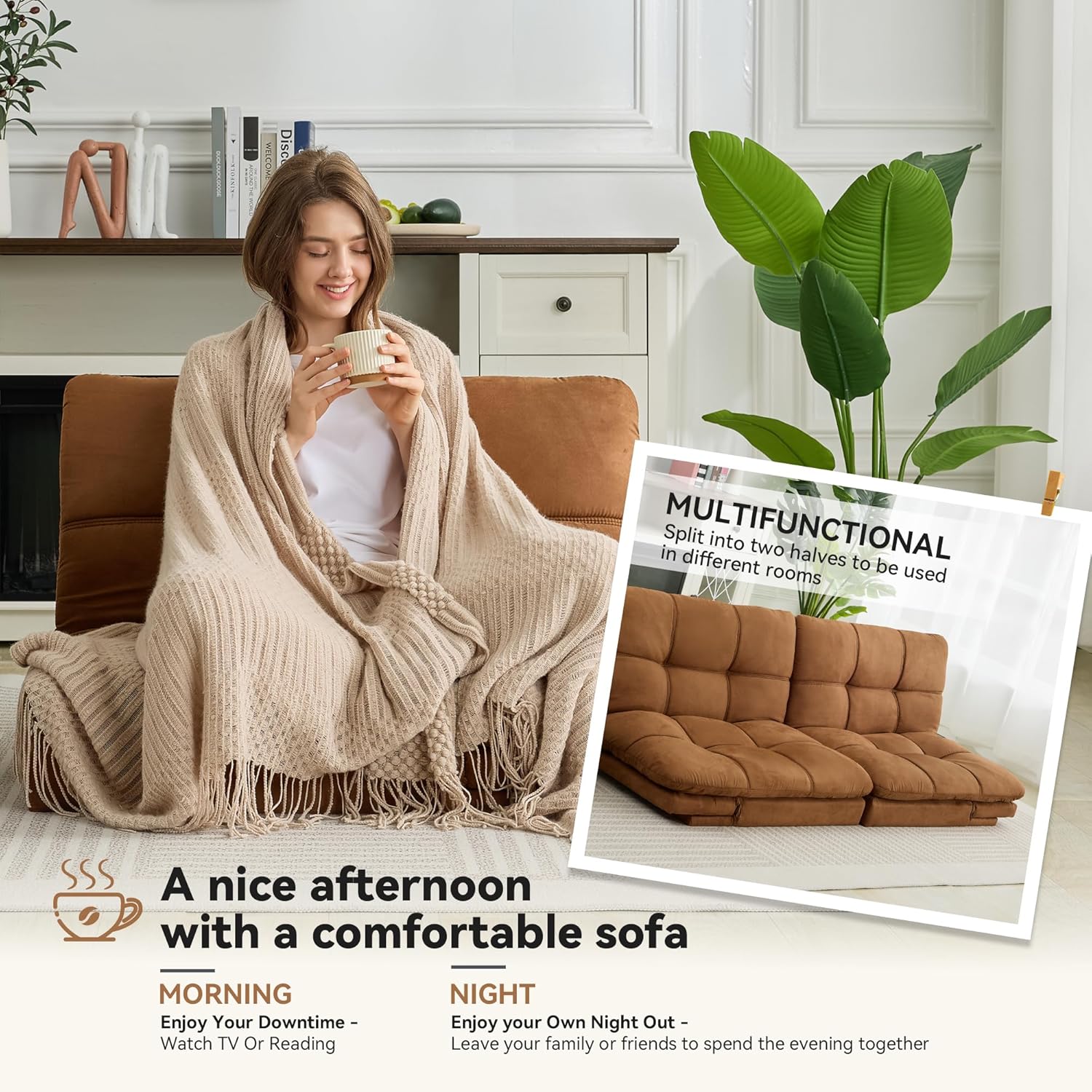 Amazon Basics Brown Loveseat,Convertible Couch Memory Foam Futon Sofa Bed Modern Sleeper Sofa for Small Compact Living Room,Office,Apartment, Linen Fabric wourant