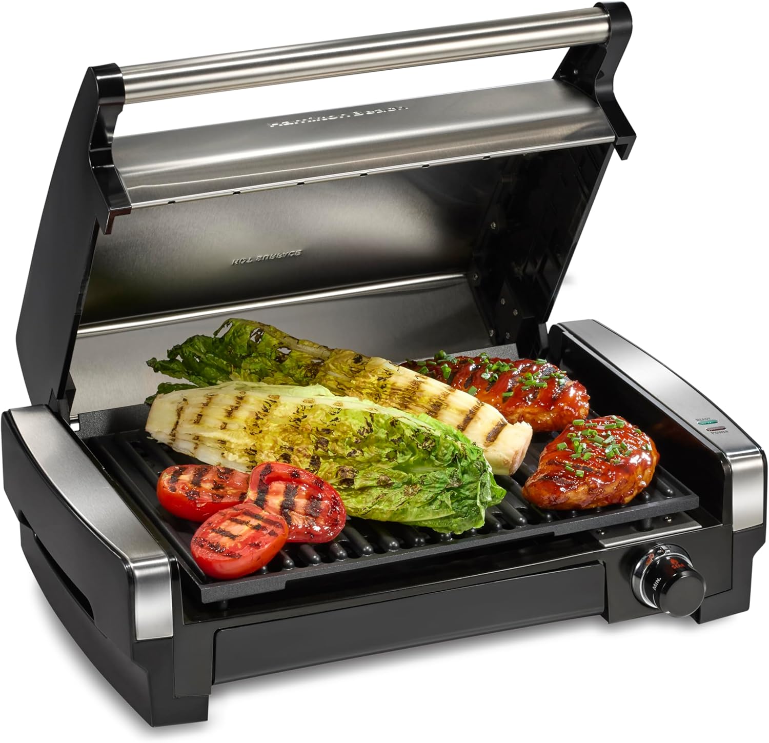 Indoor electric grill with viewing window, adjustable to 450°F, serves 6 people wourant