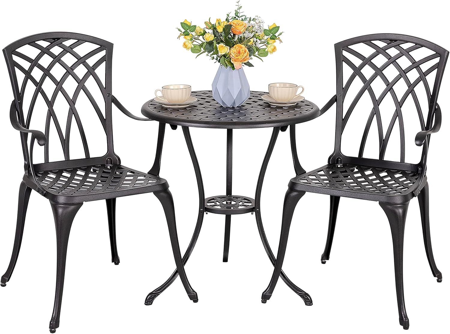 NUU GARDEN Bistro Set 3 Piece Outdoor Cast Aluminum Patio Bistro Set Patio Table and Chairs Set of 2 with Umbrella Hole and Gray Cushions, Black wourant