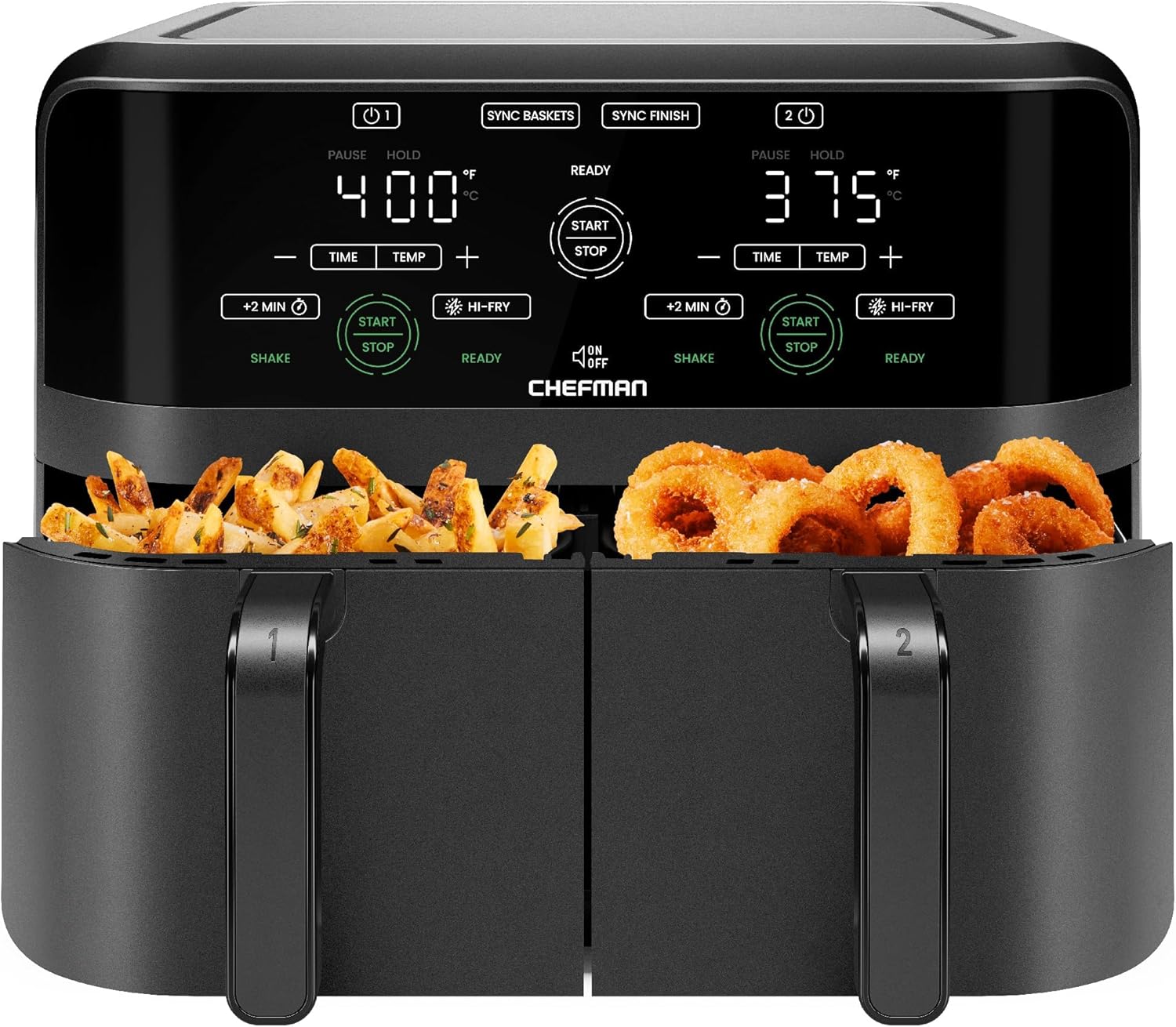 Chefman 6-Quart Dual Basket Air Fryer - Digital Touchscreen, Smart Sync Finish, High-Frying, Auto-Off, 2 Independent 3-Quart Nonstick Pans, Dishwasher-Safe Baskets wourant