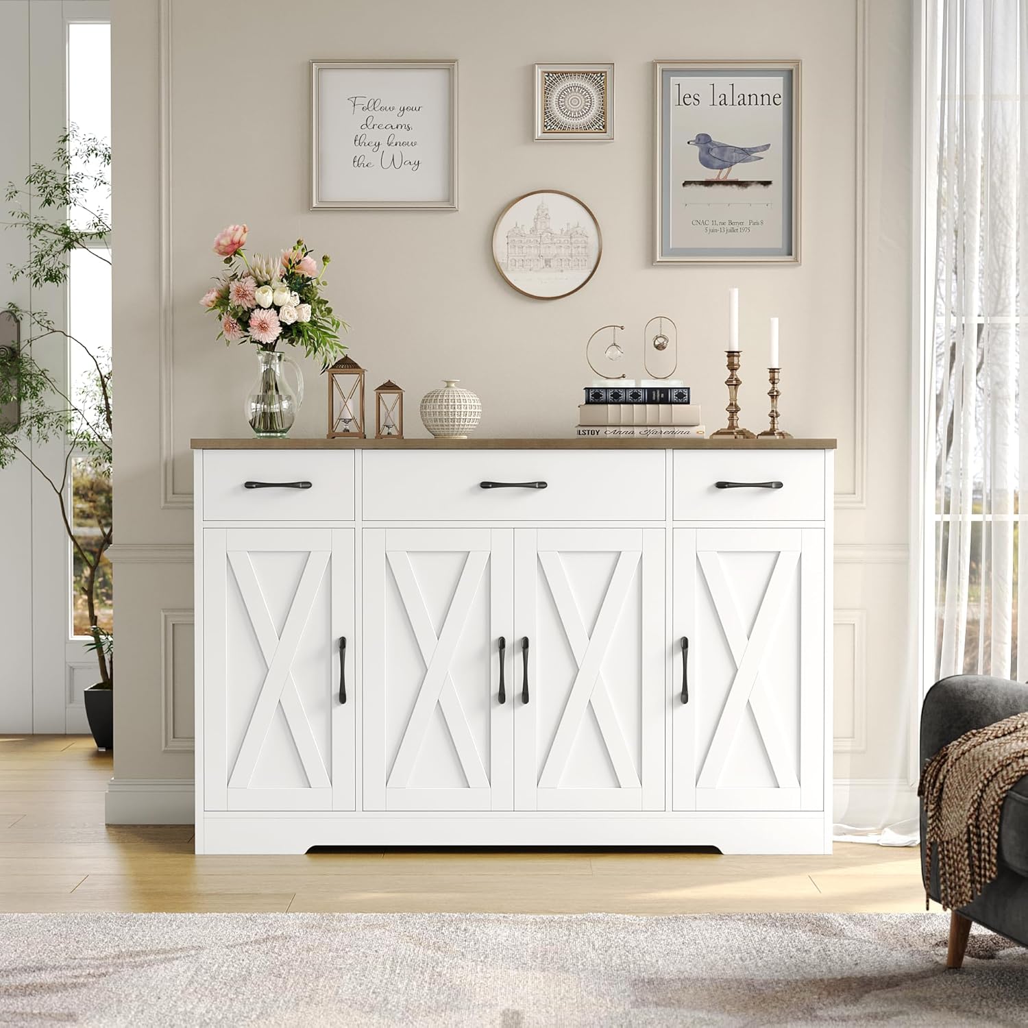 Sideboard with drawers, large 55-inch sideboard, sideboard storage with shelves and doors, modern farmhouse coffee bar wood kitchen dining table wourant