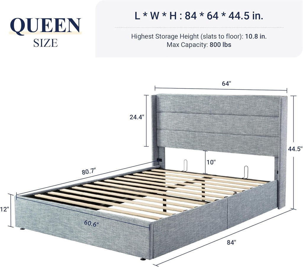 Allewie Queen Size Lift Up Storage Bed Modern Wingback Headboard Hydraulic Support wourant