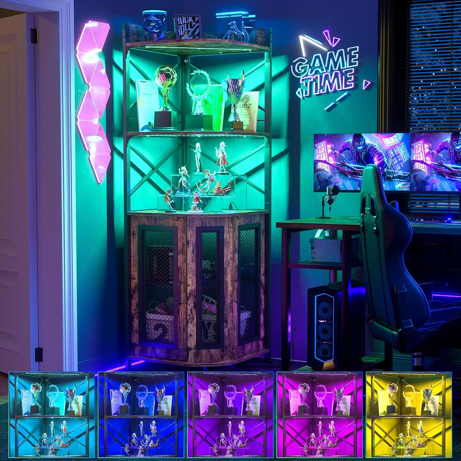 Aheaplus Corner Bar Cabinet with Power Outlet, Industrial Wine Cabinet with LED Strip and Glass Holder, 5-Tiers Liquor Cabinet Bar Unit for Home, Corner Display Cabinet for Small Space, White Oak wourant