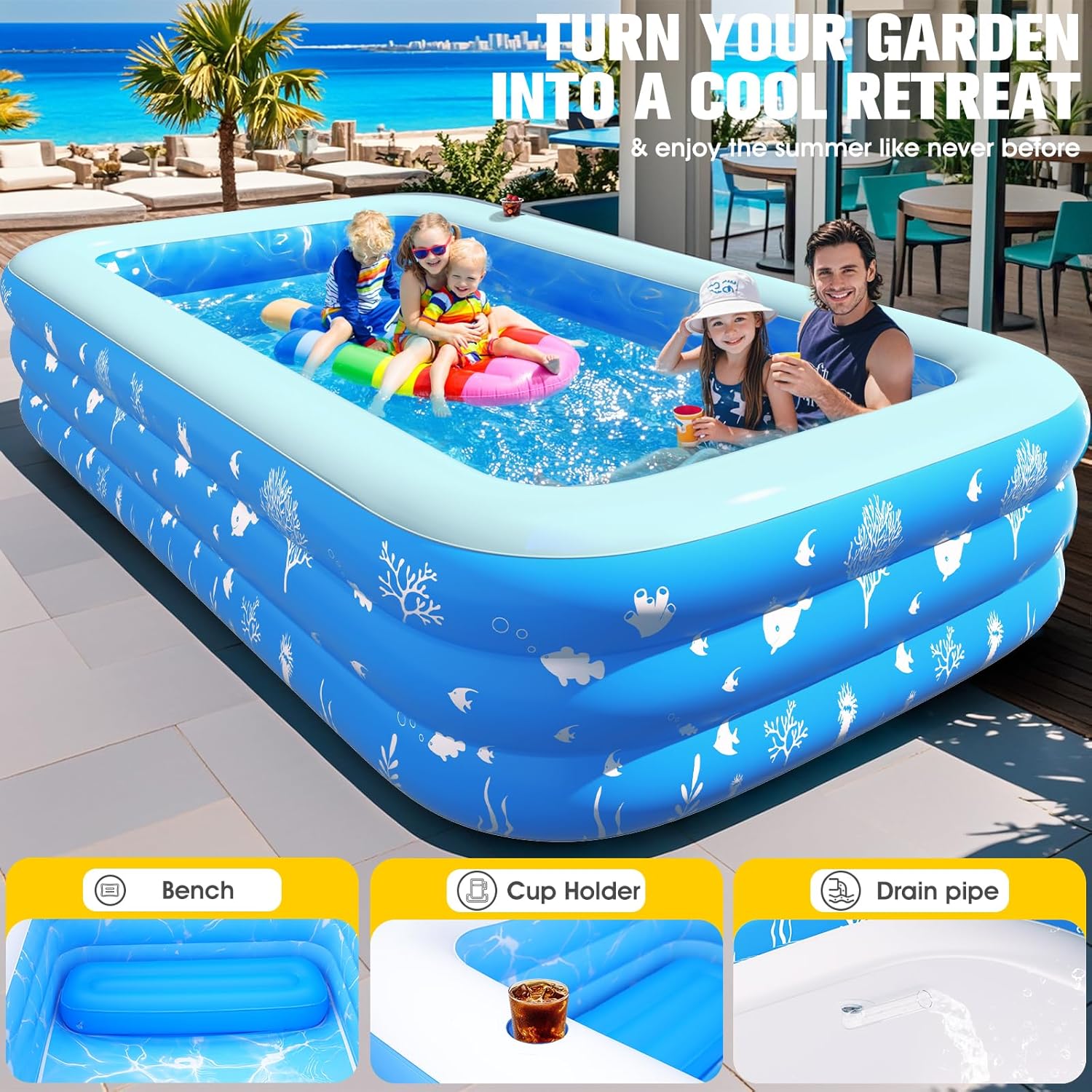 Inflatable Pool with Seat and Pool Lights, Durable Thickened Large Size Family Inflatable Pools for Adults Blow Up Pools,105" x 65" x 25"Swimming Inflatable Kids PooI for Backyard,Outdoor (White) wourant