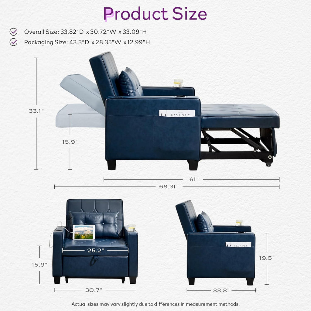 Adult Convertible Sleeper Chair Bed, 3-in-1 Pull-Out Sofa Bed with USB/Type-C Ports, Cup Holders, Side Pockets, Single Sofa wourant