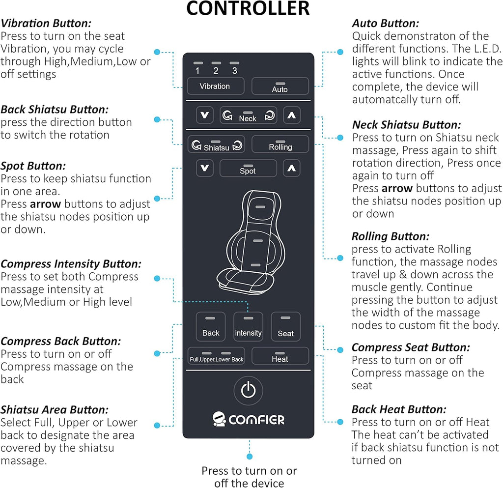 COMFIER Massager Chair with Heat Shiatsu Neck Back Massager Portable with Compress & Rolling Massage Chair Pad for Full Back Neck & Shoulders Full Body Pain wourant