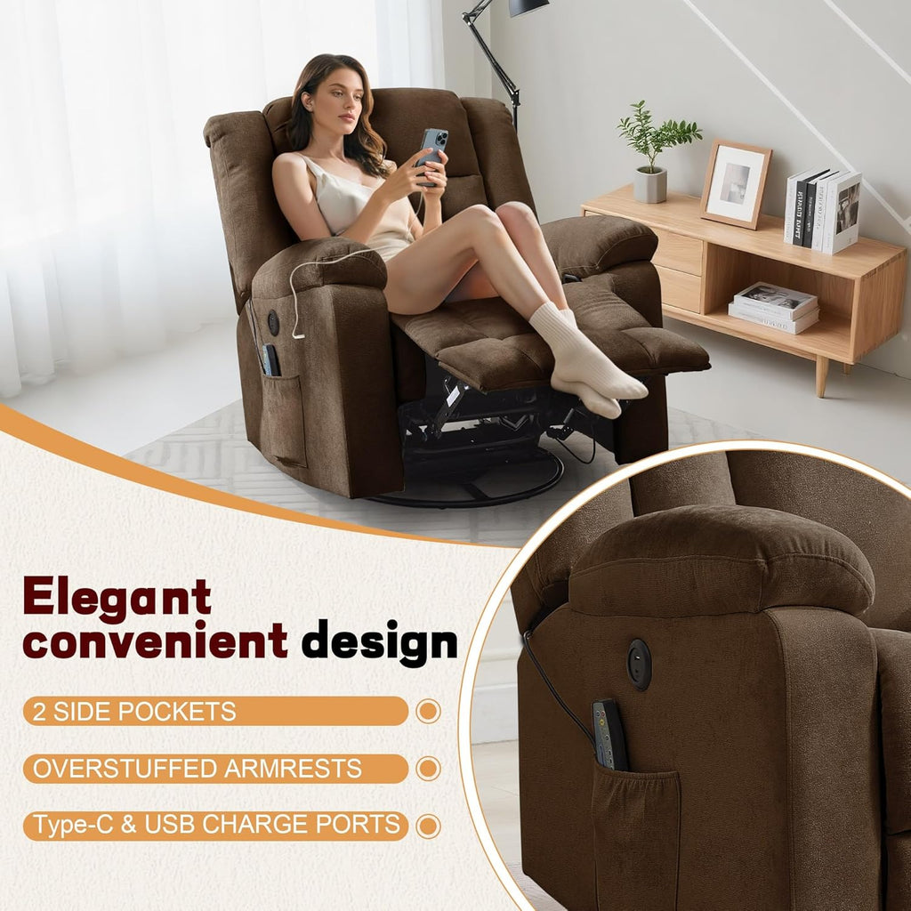 Adult rocking chair, gliding recliner, 360° rotating rocking chair with massage and heating function wourant