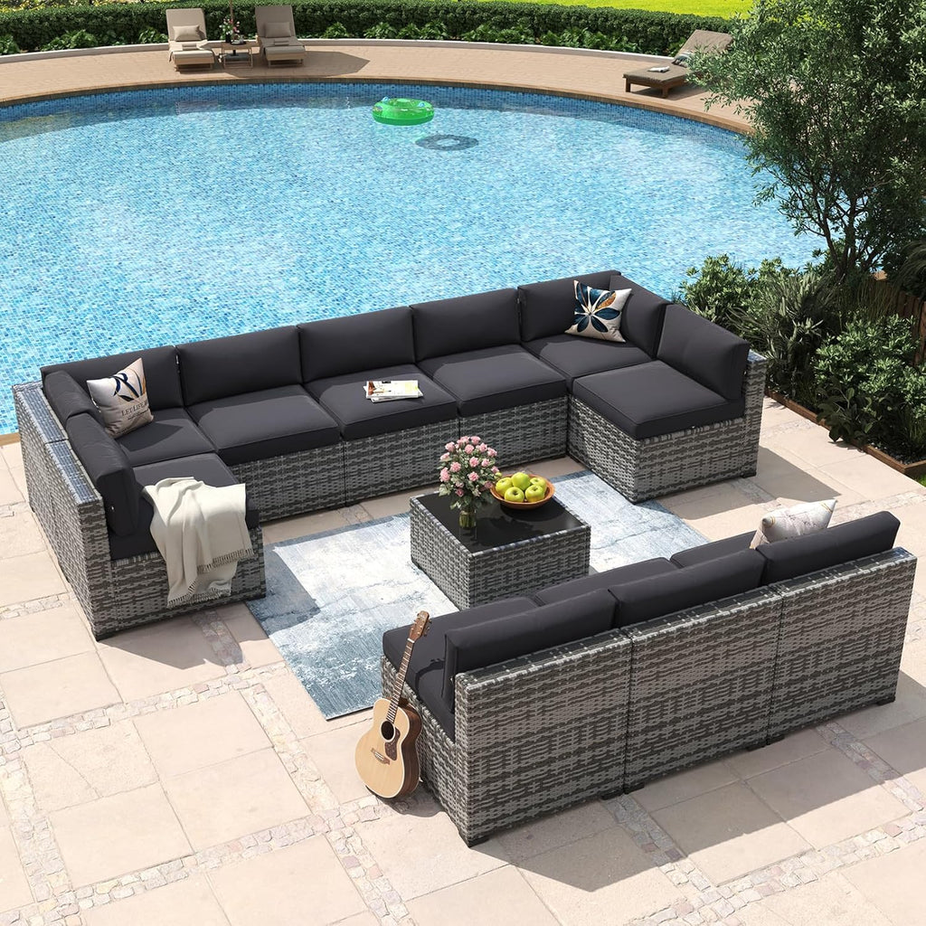 Aoxun 8 Piece Patio Furniture Set with 44?Fire Pit Table Wicker Rattan Outdoor Sectional Sofa Set with Coffee Table and Thickened Cushions, Beige (Waterproof Cover Included) woonhhop