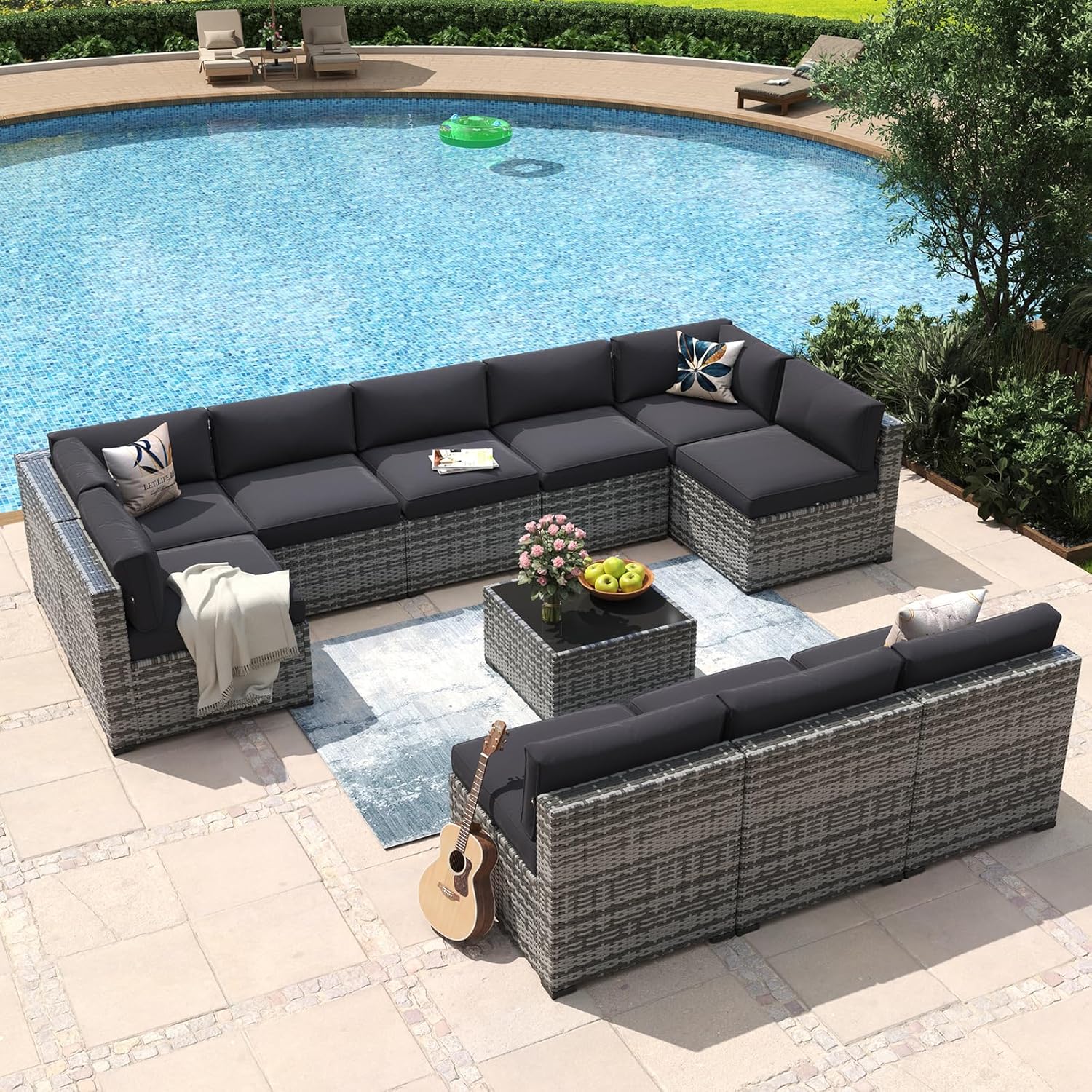 Aoxun 8 Piece Patio Furniture Set with 44?Fire Pit Table Wicker Rattan Outdoor Sectional Sofa Set with Coffee Table and Thickened Cushions, Beige (Waterproof Cover Included) woonhhop