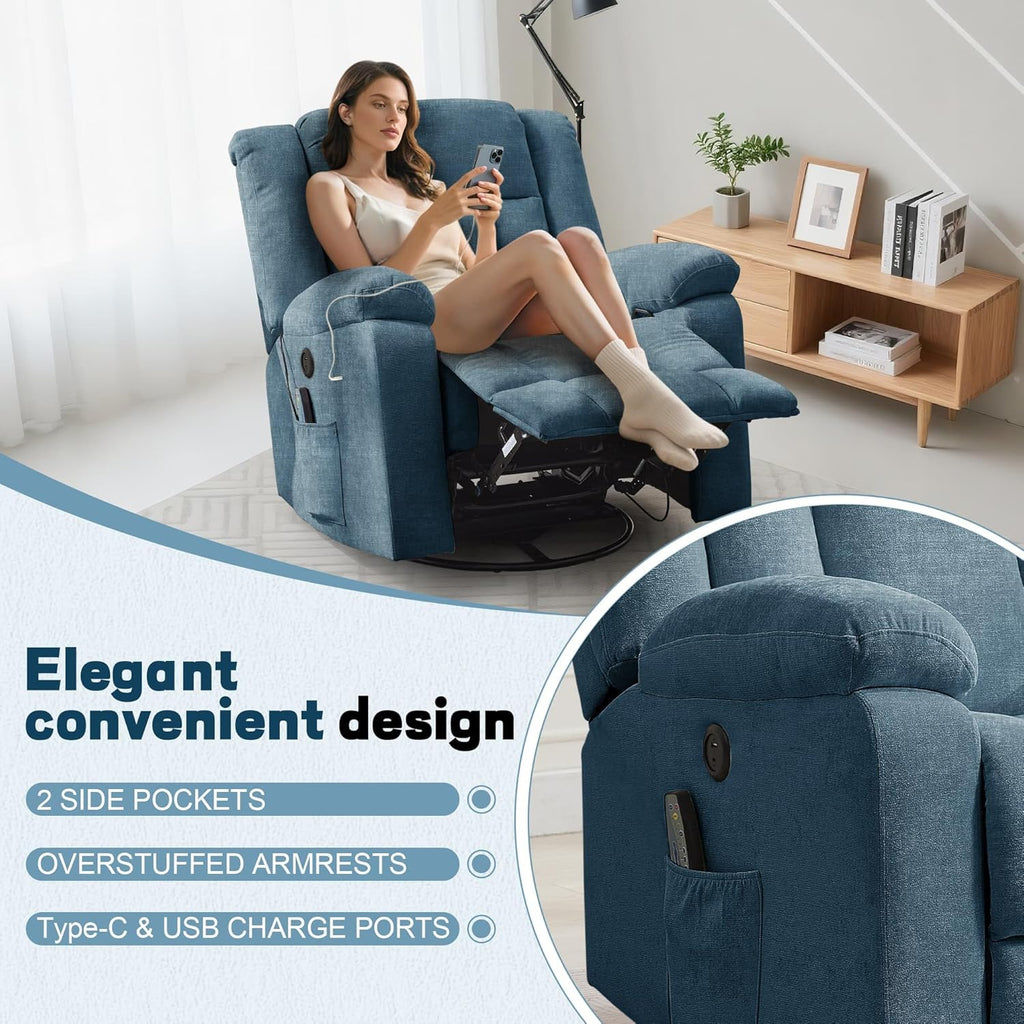 Adult rocking chair, gliding recliner, 360° rotating rocking chair with massage and heating function wourant