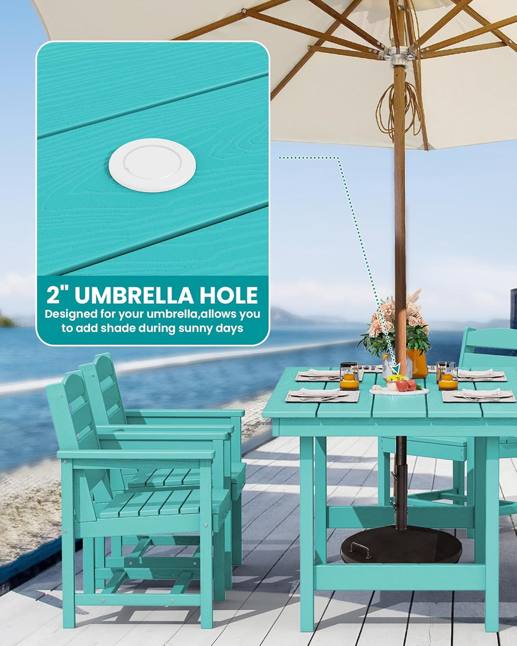Outdoor HDPE Dining Table Set, 7-Piece Outdoor Dining Table Sets with Umbrella Hole Cut-Out Table and 6 Chairs wourant