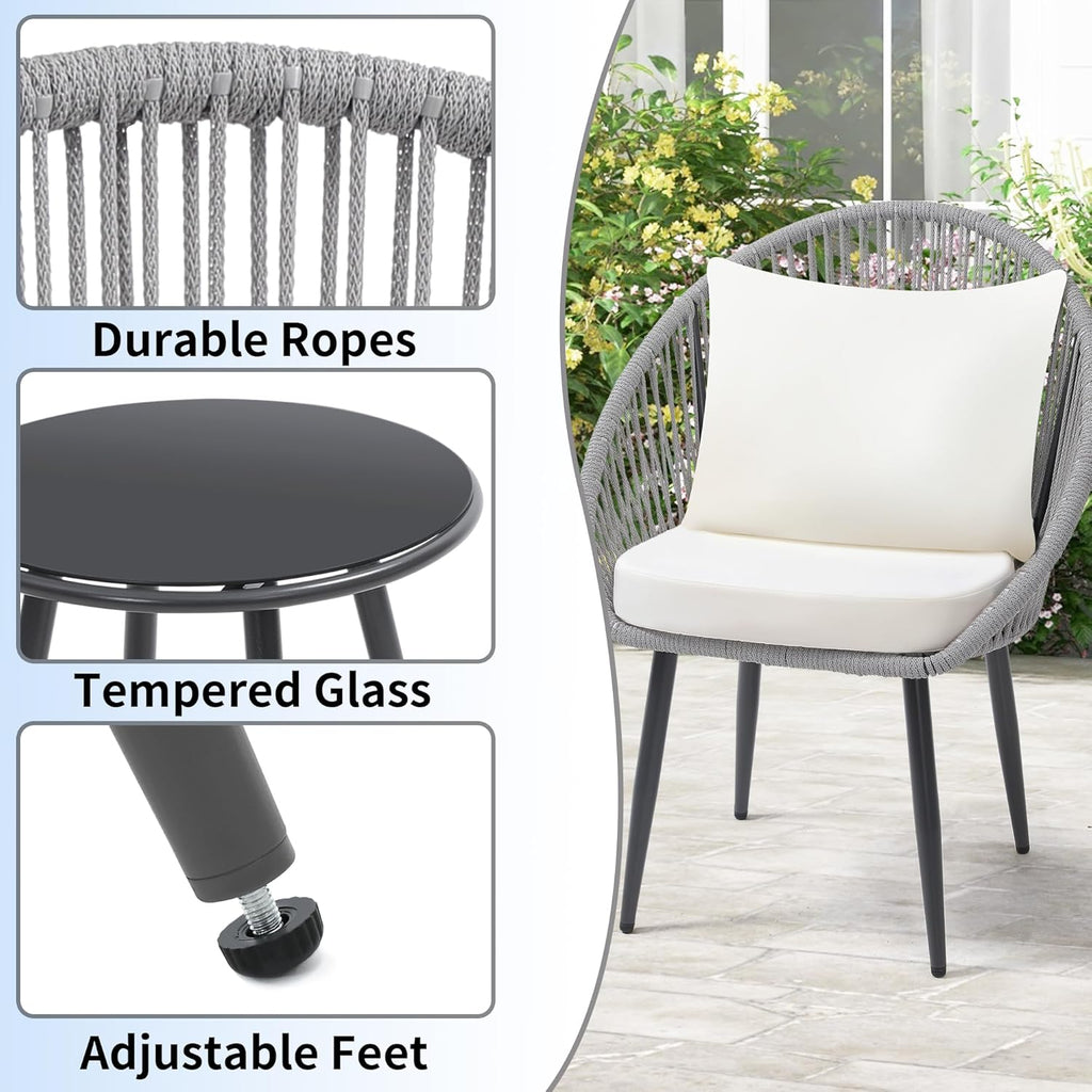 3 Piece Bistro Set, Woven Rope Chair with Cushions, All Weather Patio Conversation Set with Side Table, Ideal for Deck, Balcony, Poolside, Black wourant