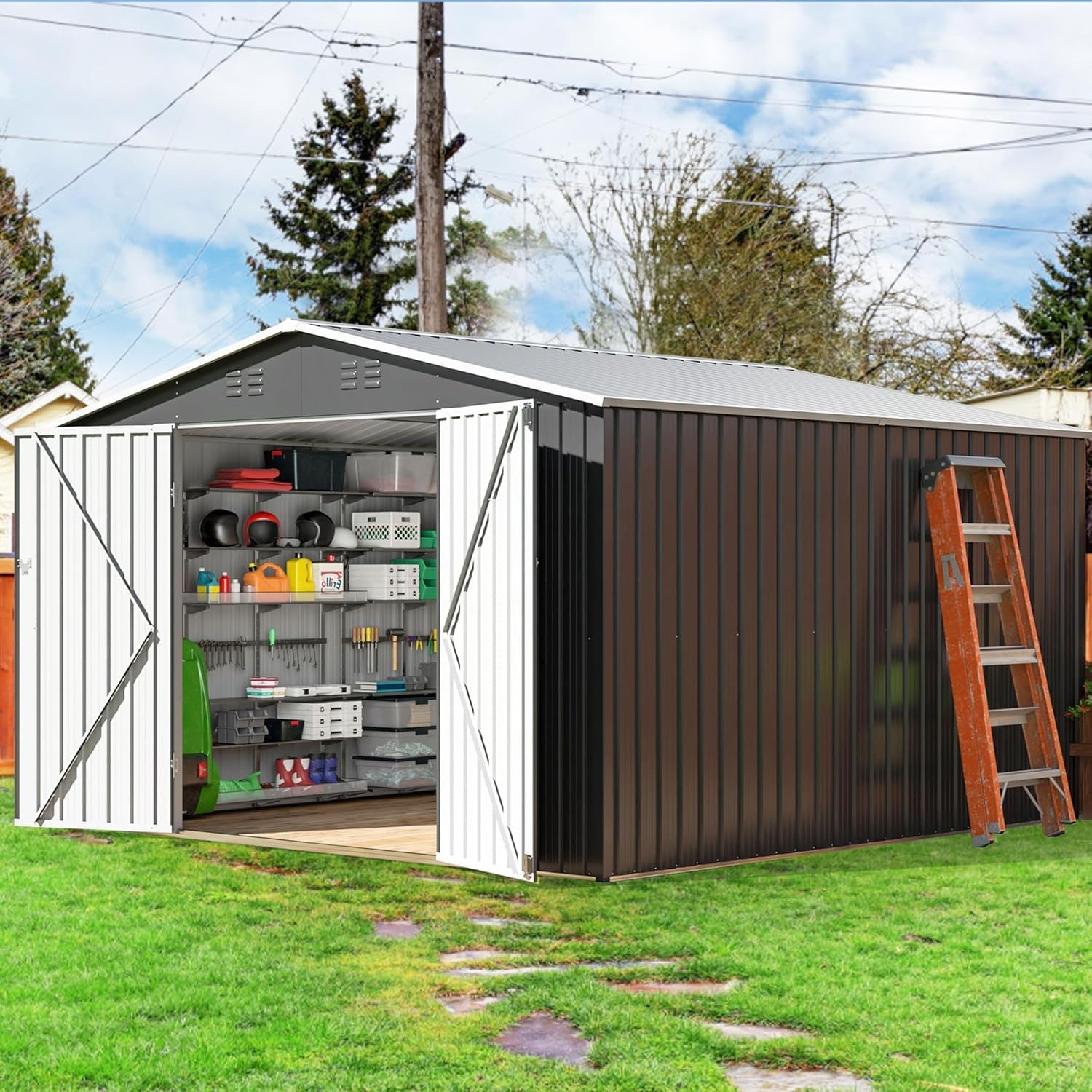 Polar Aurora 8 x 12 FT Outdoor Storage Shed, Metal Garden Shed with Updated Frame Structure, Tool Sheds for Backyard Garden Patio Lawn Black wourant