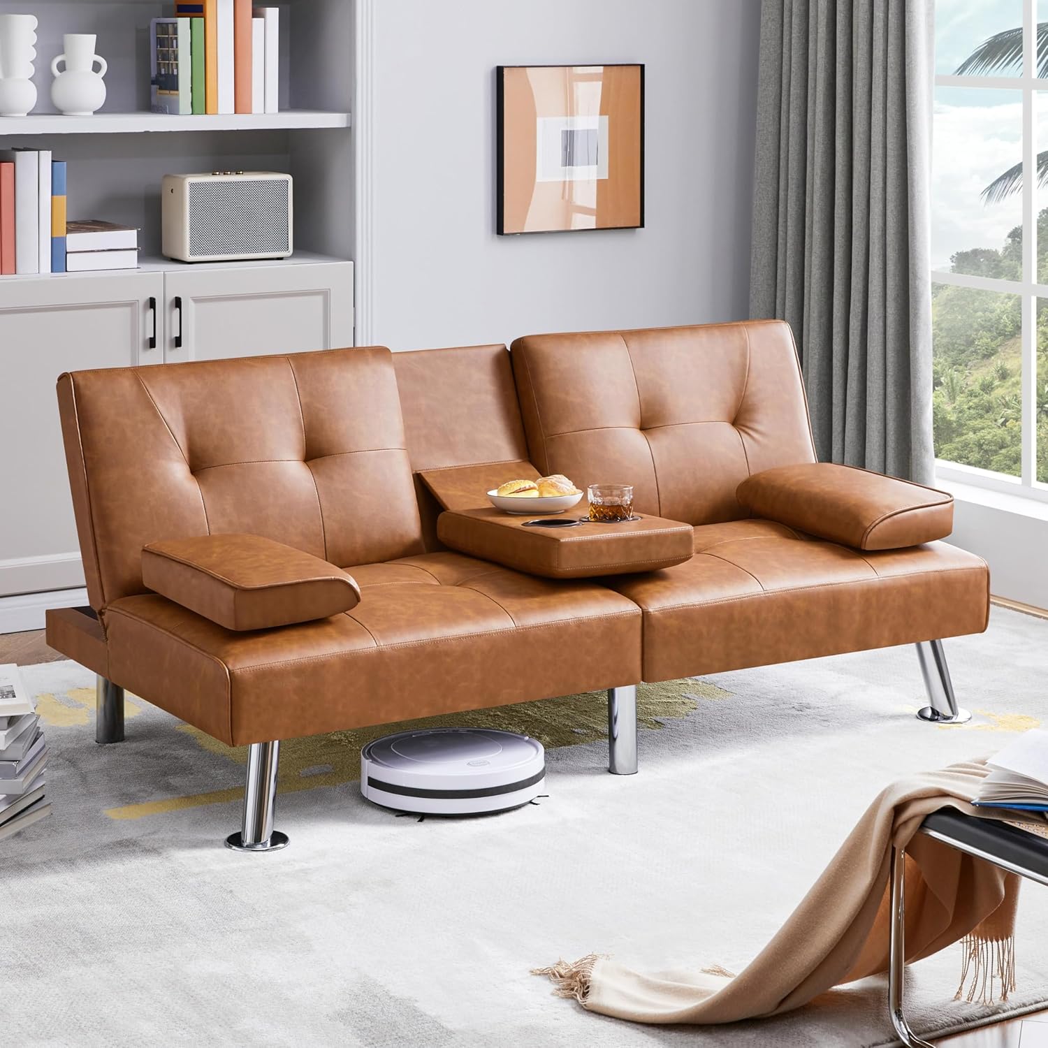 Yaheetech Convertible Sofa Bed Adjustable Couch Sleeper Modern Faux Leather Home Recliner Reversible Loveseat Folding Daybed Guest Bed, Removable Armrests, Cup Holders, 3 Angles, 772lb Capacity, Brown wourant